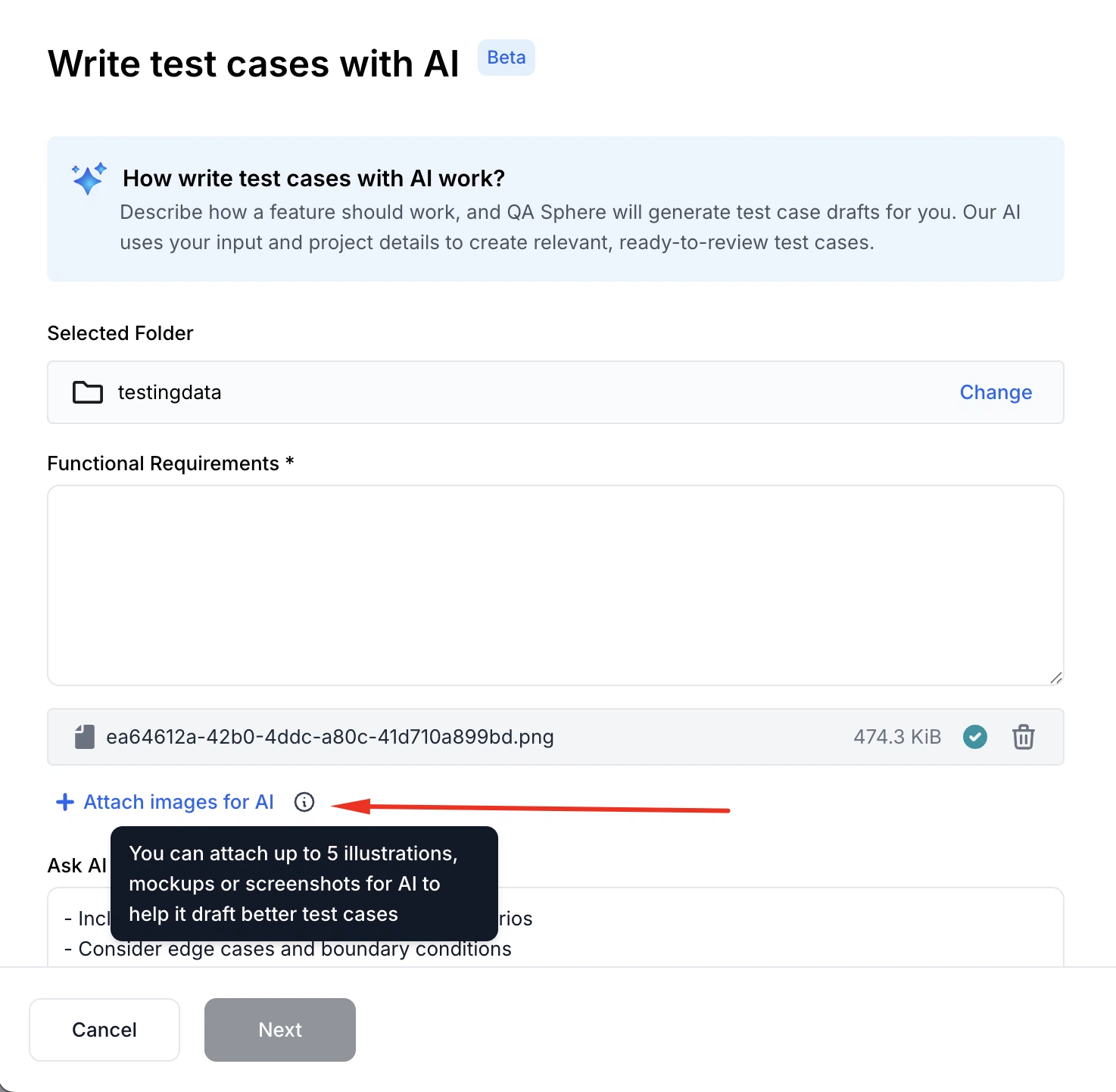 Attach images to AI test case generation