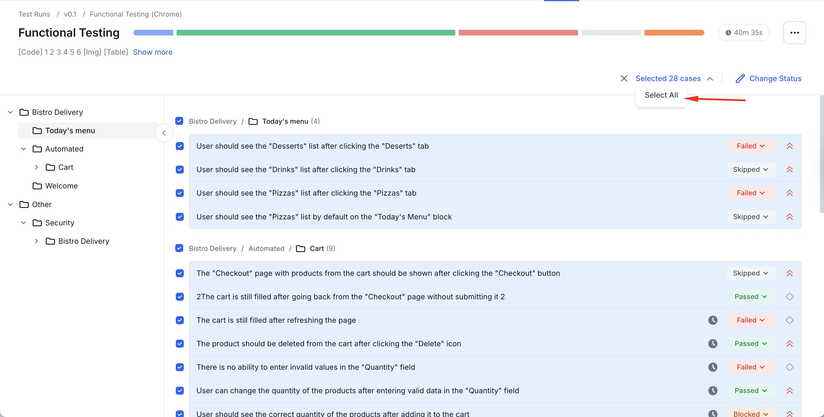 Select all filtered test cases in a run