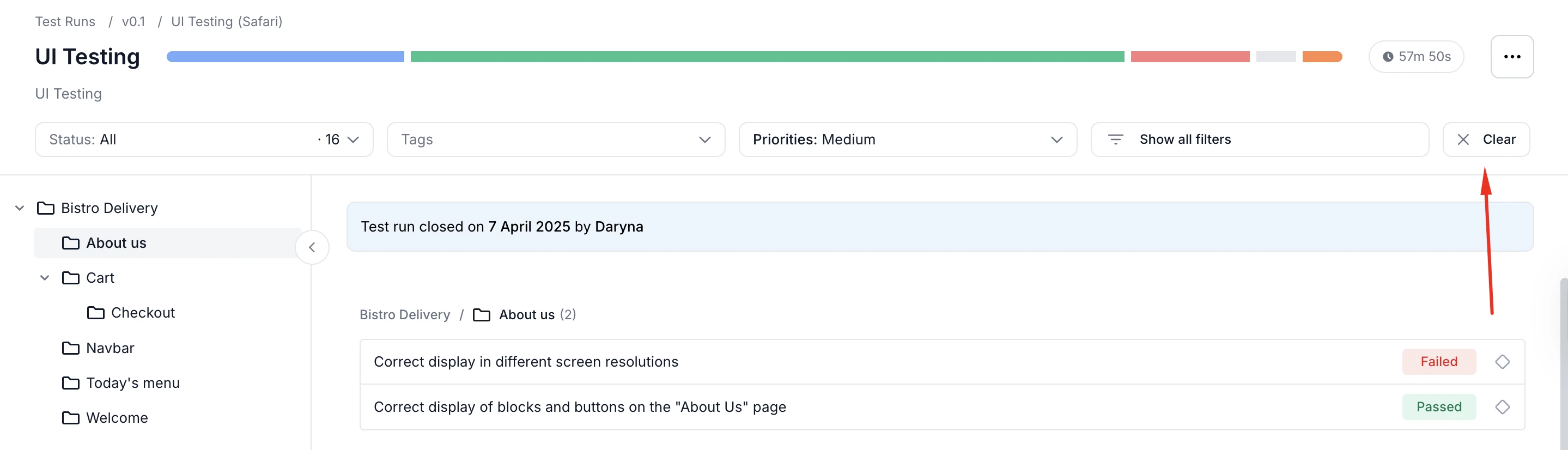 Clear all filters button in filter bar