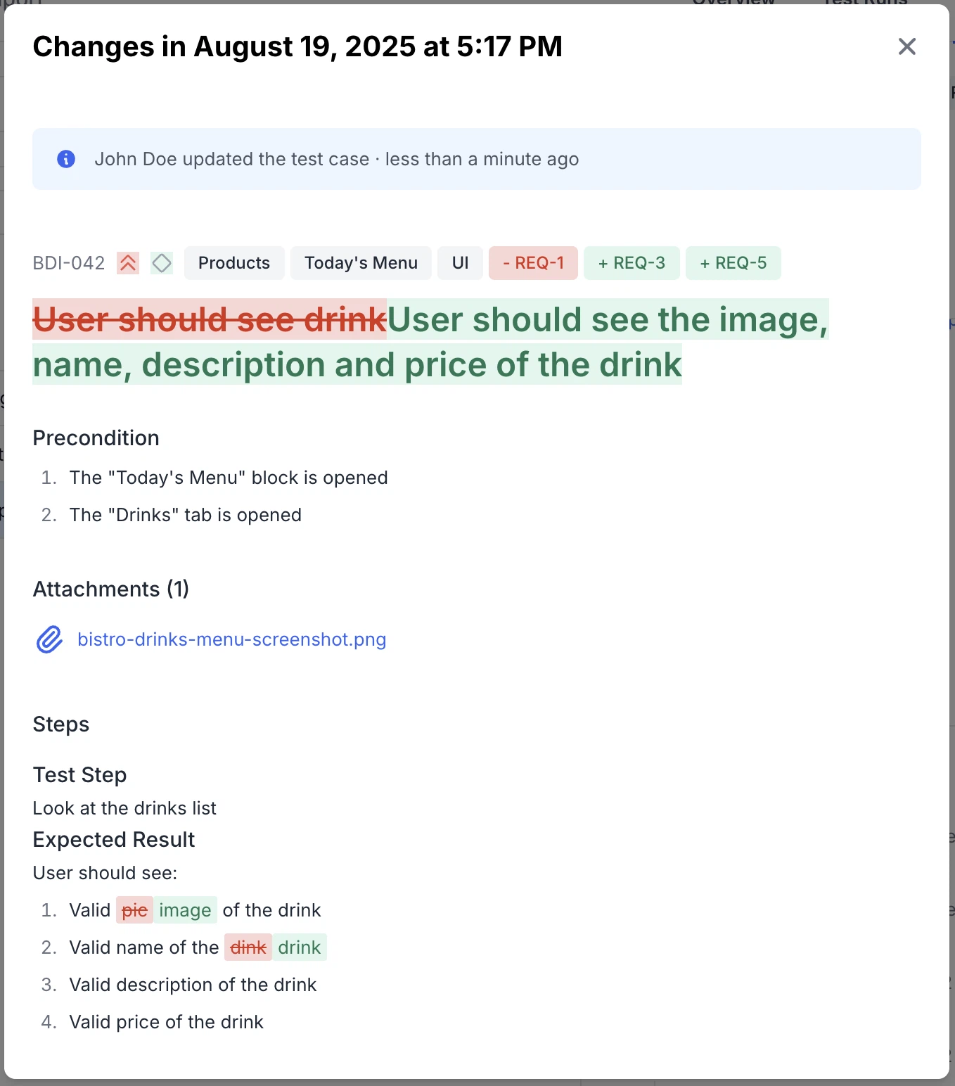Revision diff highlighting for test cases