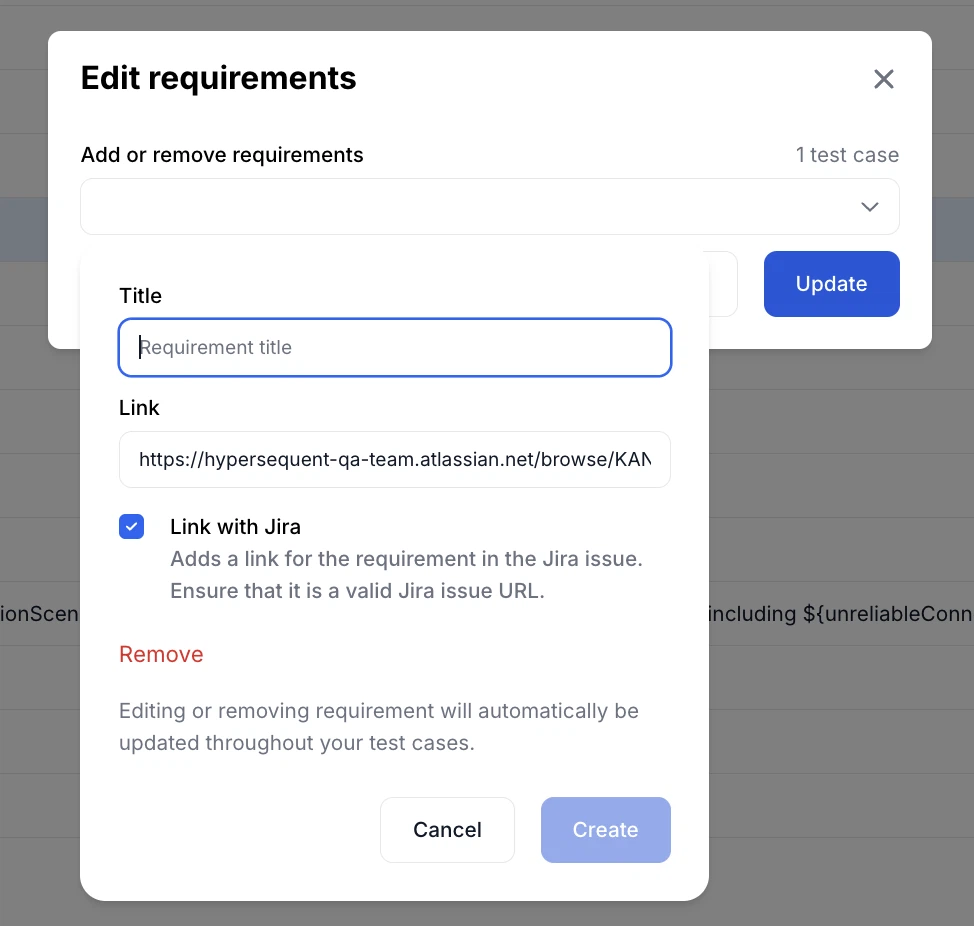 Jira requirement linking UI