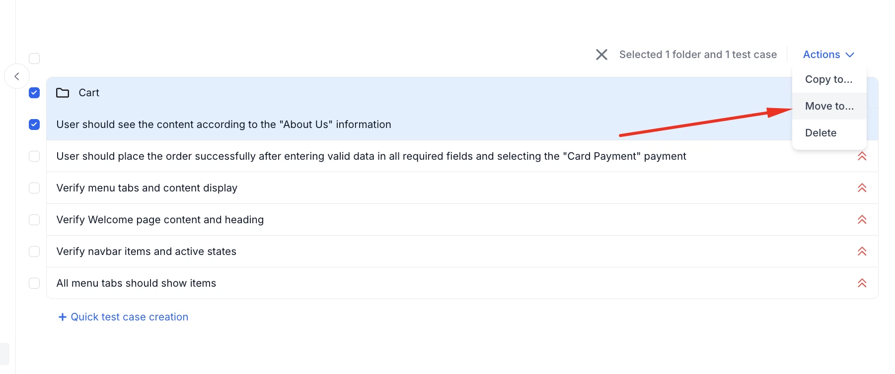 Bulk move UI for test cases and folders