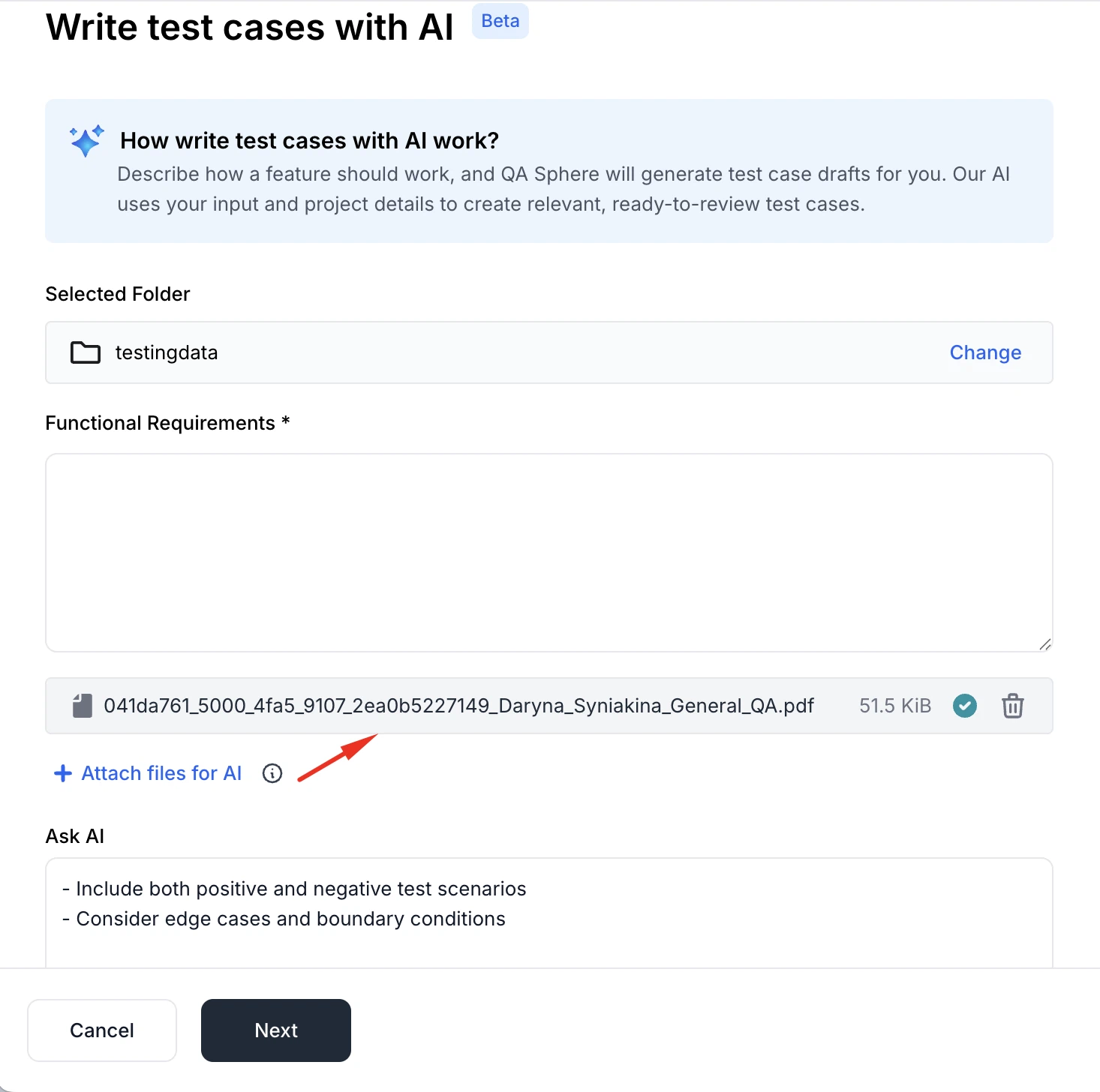 PDF upload for AI test case creation