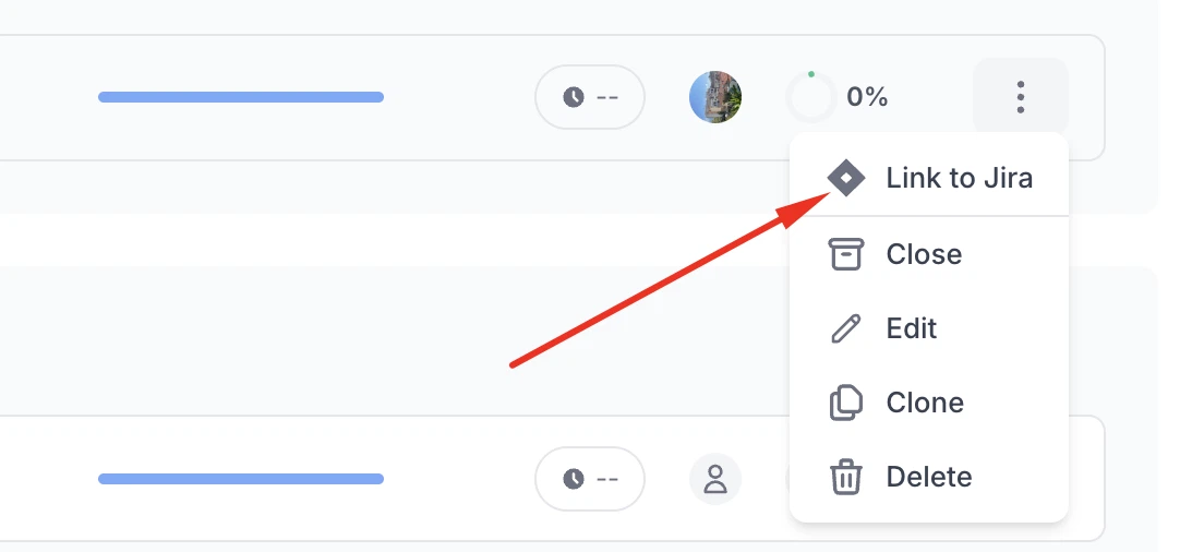 Test plan interface showing Link to Jira option in the menu