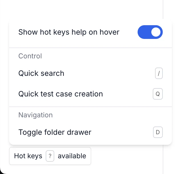 Keyboard shortcuts panel showing available hotkeys for test cases page