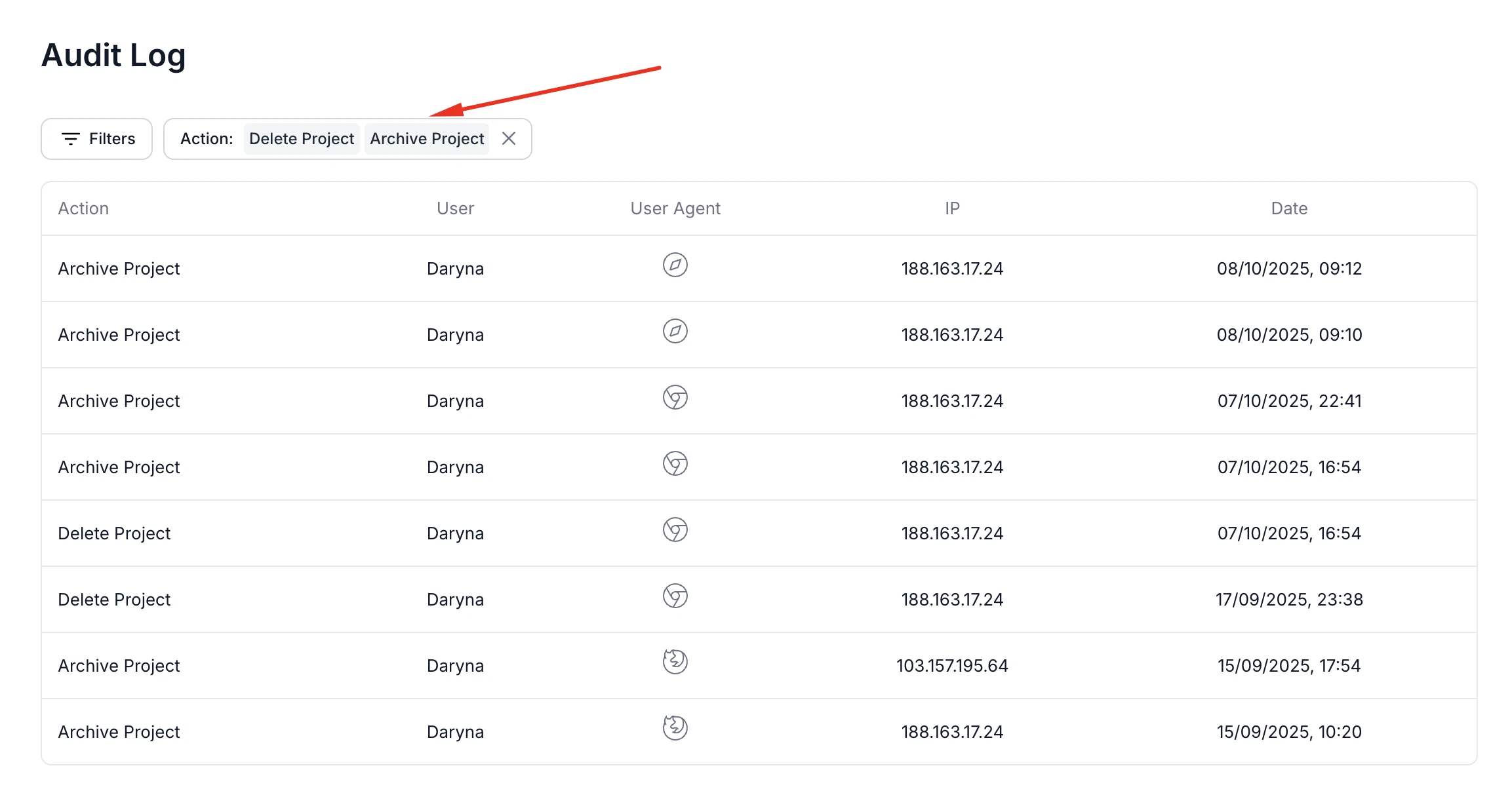 Audit logs interface showing project information, filtering options, and pagination controls