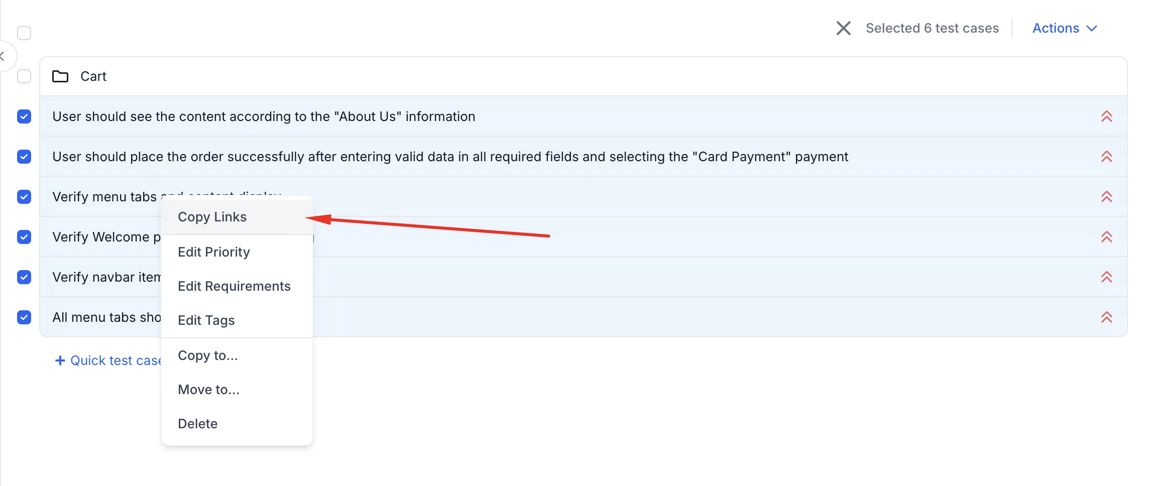 QA Sphere multi-select test cases with Copy Links action
