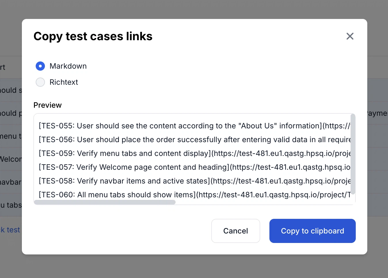 QA Sphere Copy Links format options dialog