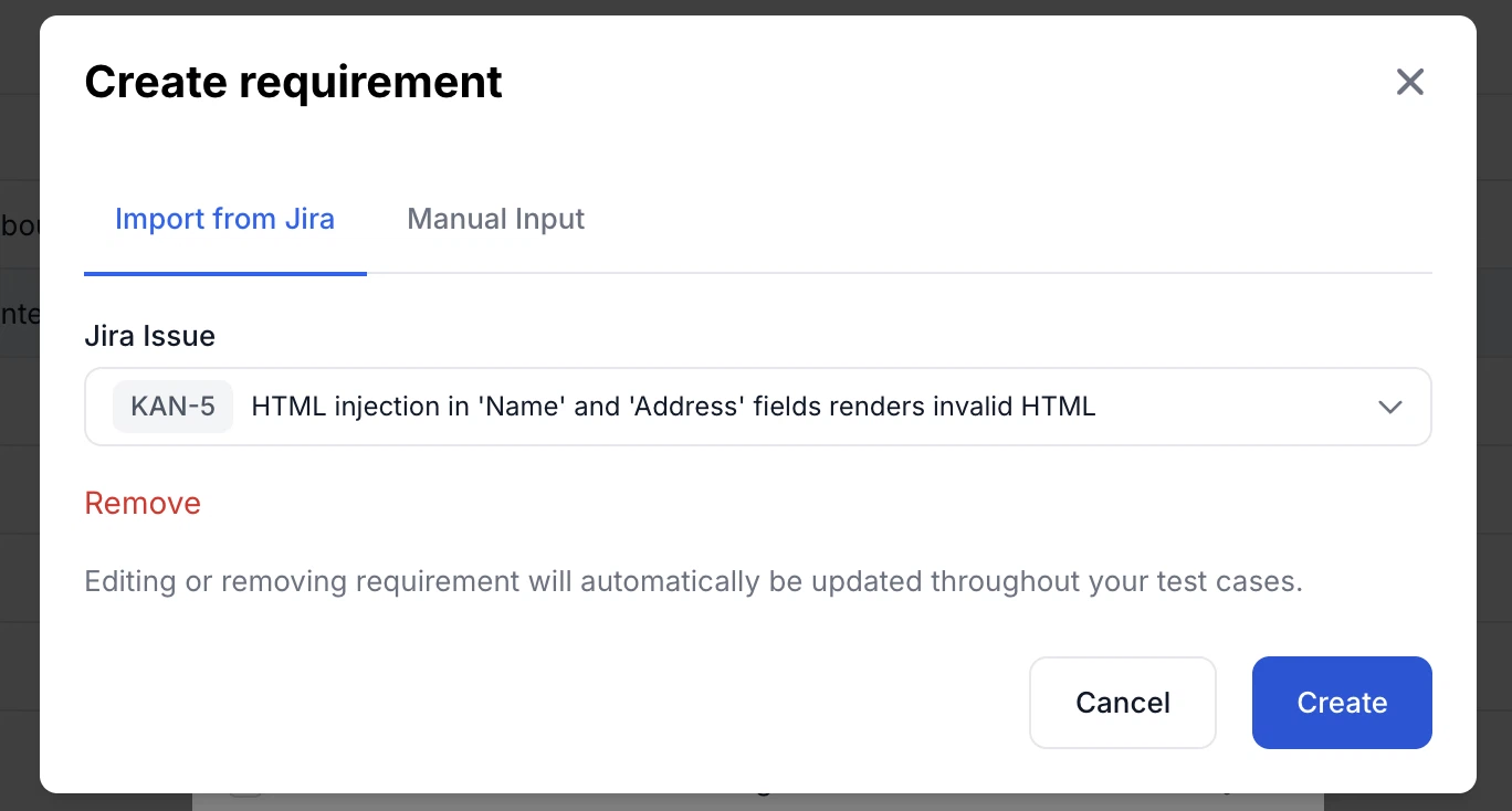 QA Sphere requirement dialog with Jira title autofill