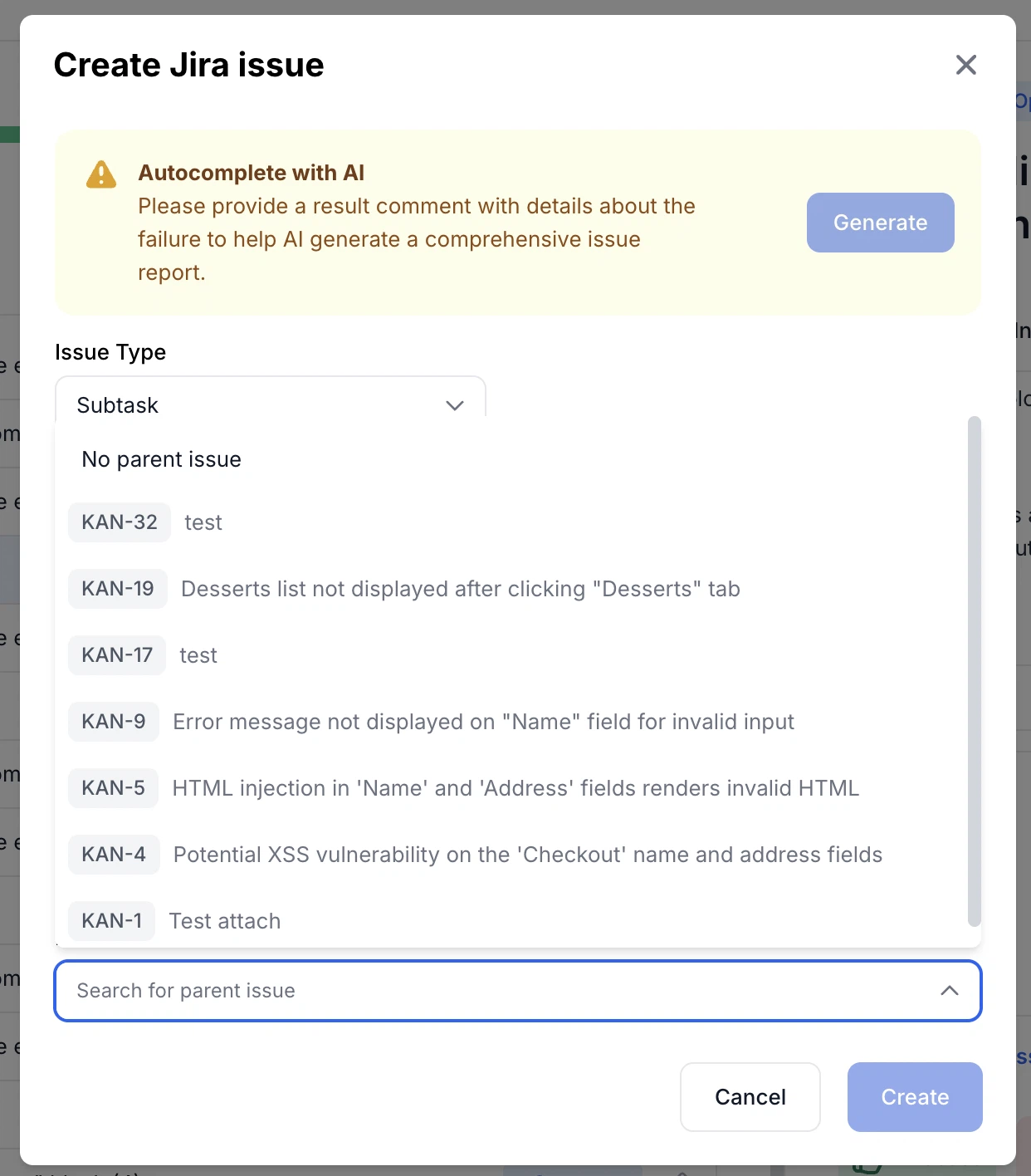 QA Sphere Create Jira Issue dialog with improved epic and parent search
