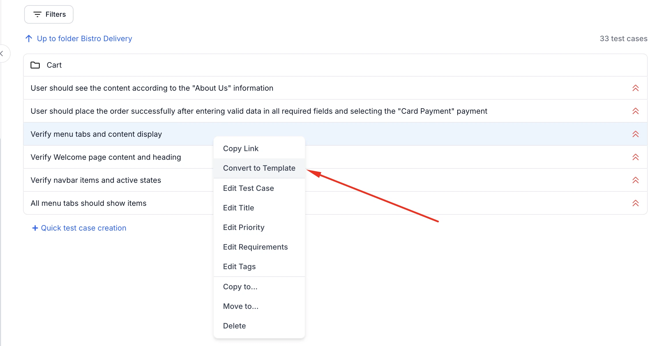 QA Sphere convert test case to template action