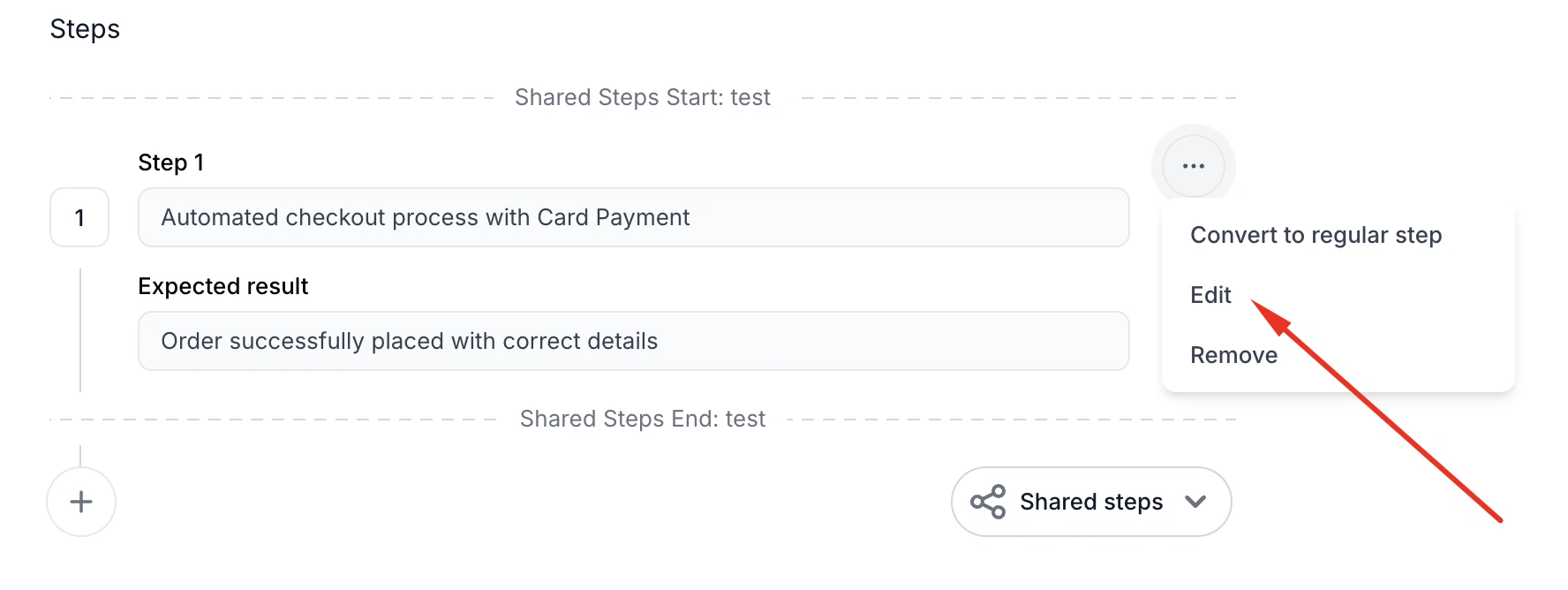 QA Sphere edit shared steps from test case context menu