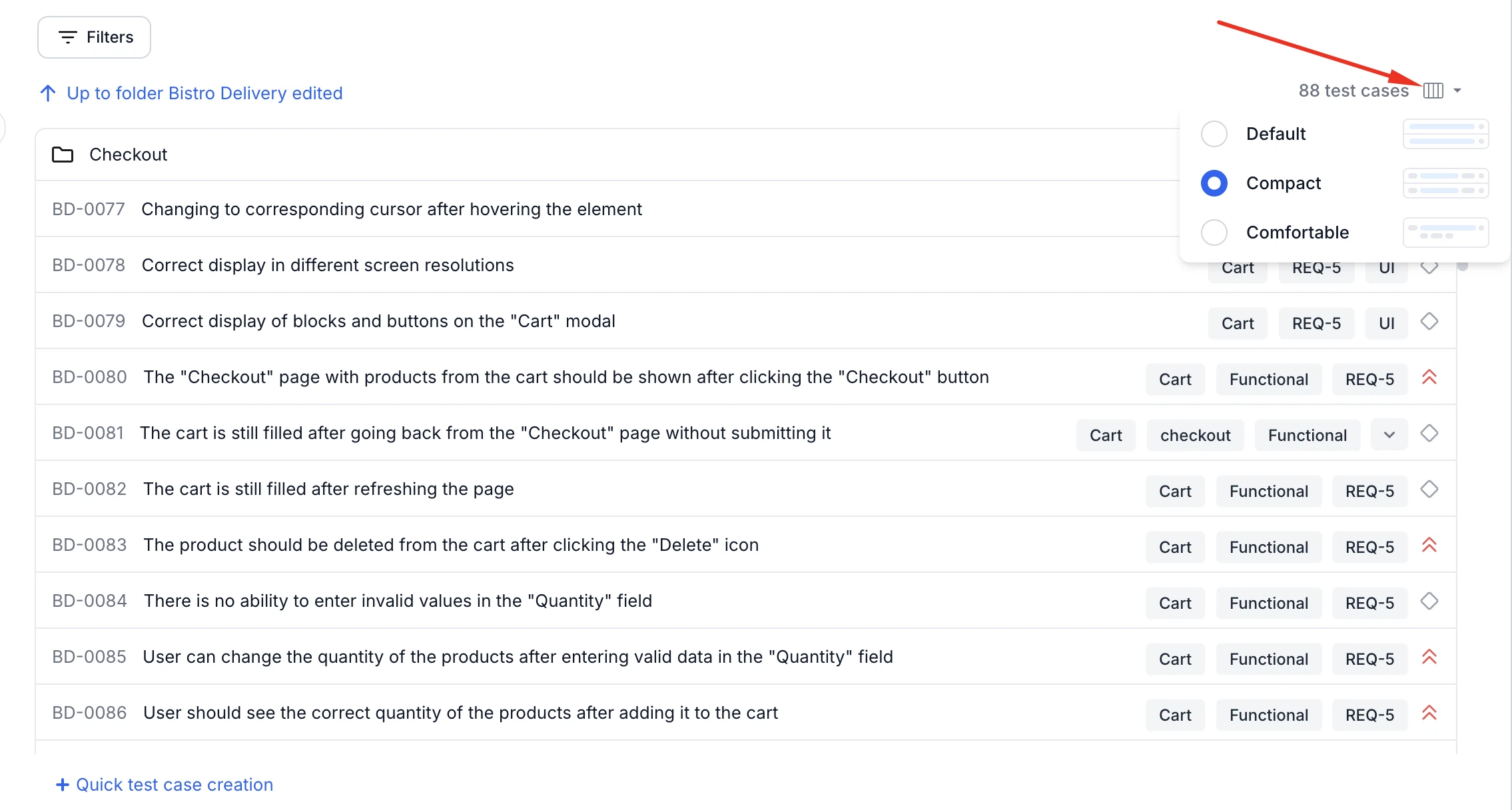 QA Sphere test case list layout density selector