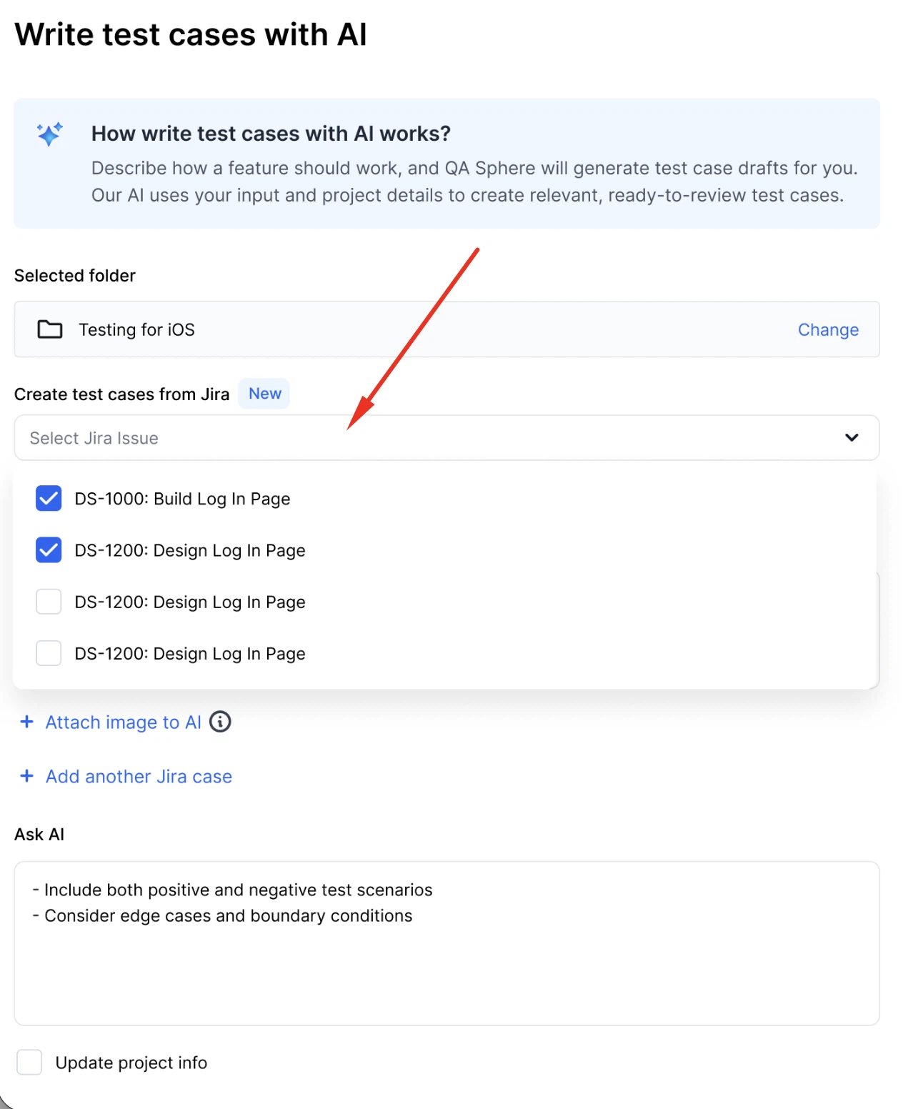 QA Sphere Bulk Create with AI Jira issue search