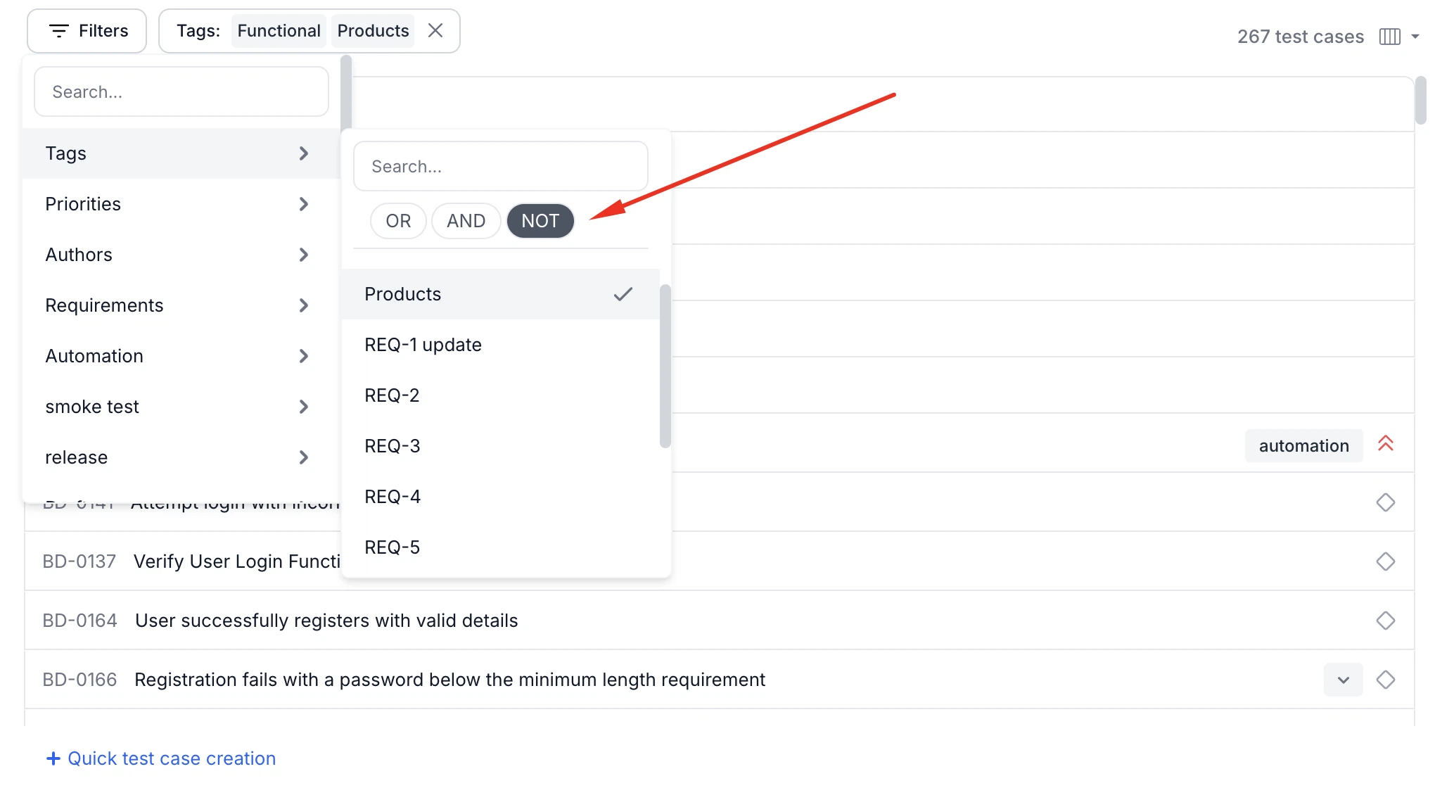QA Sphere tag filter with NOT exclusion operator