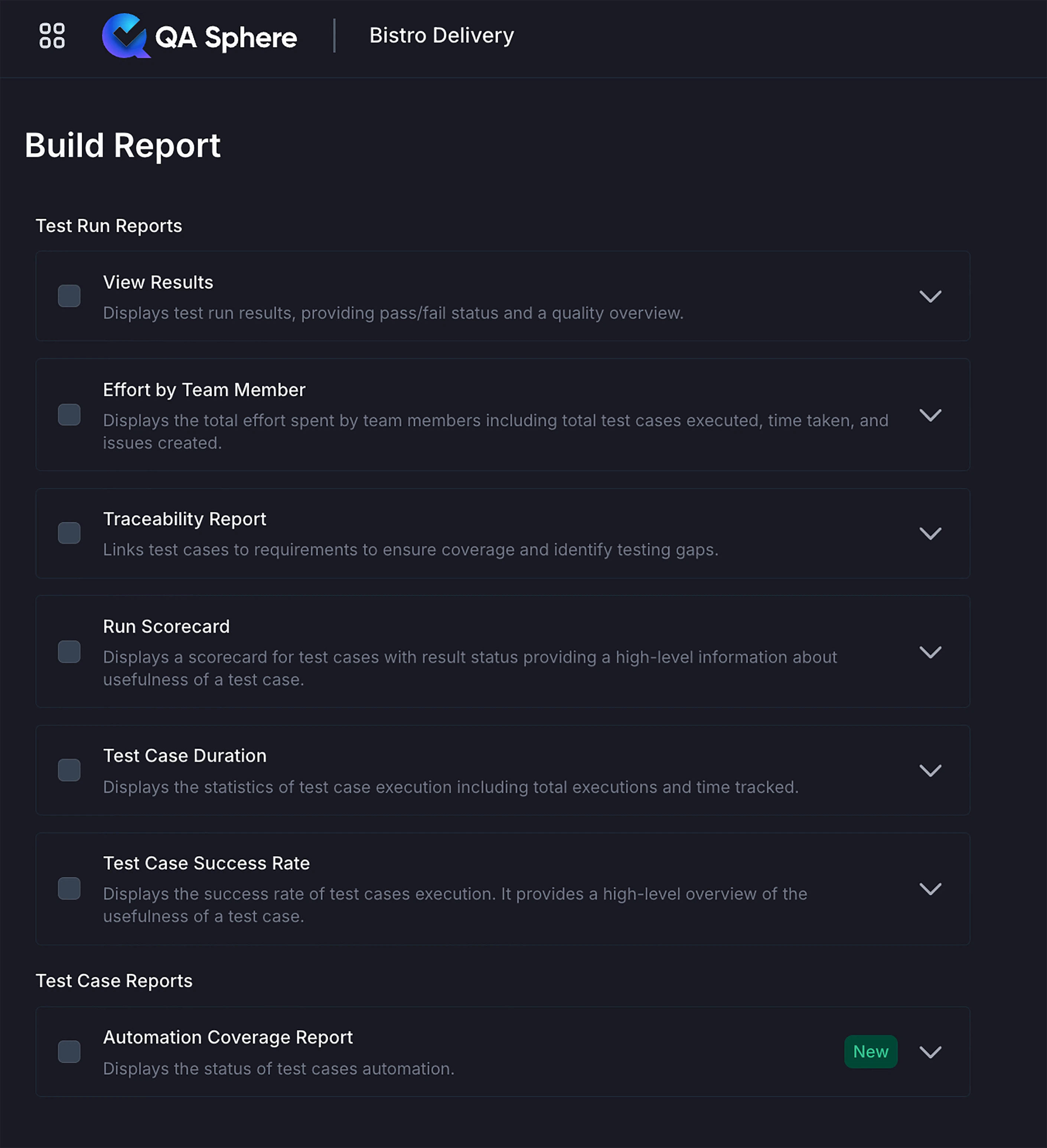 QA Sphere reports options
