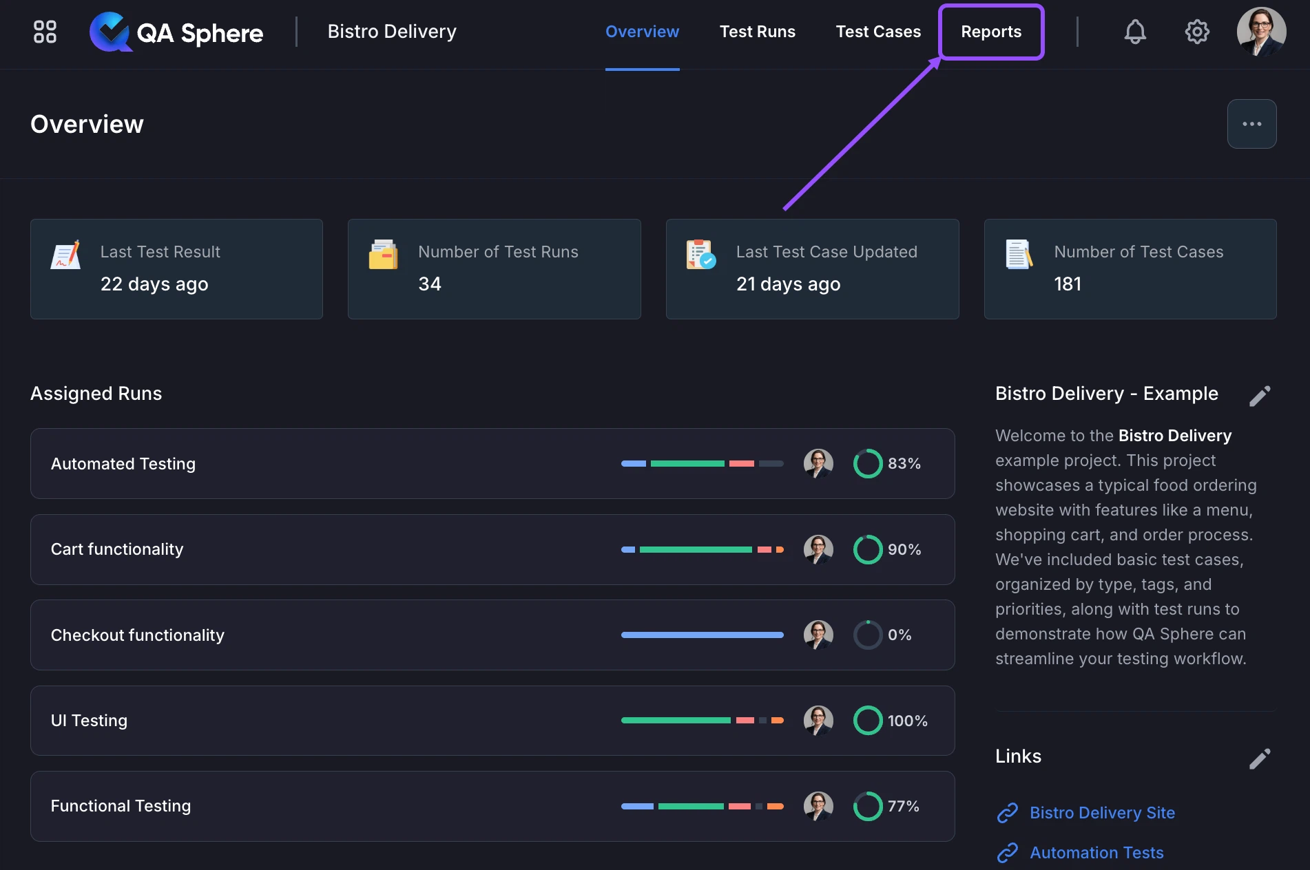 Switch to reports tab