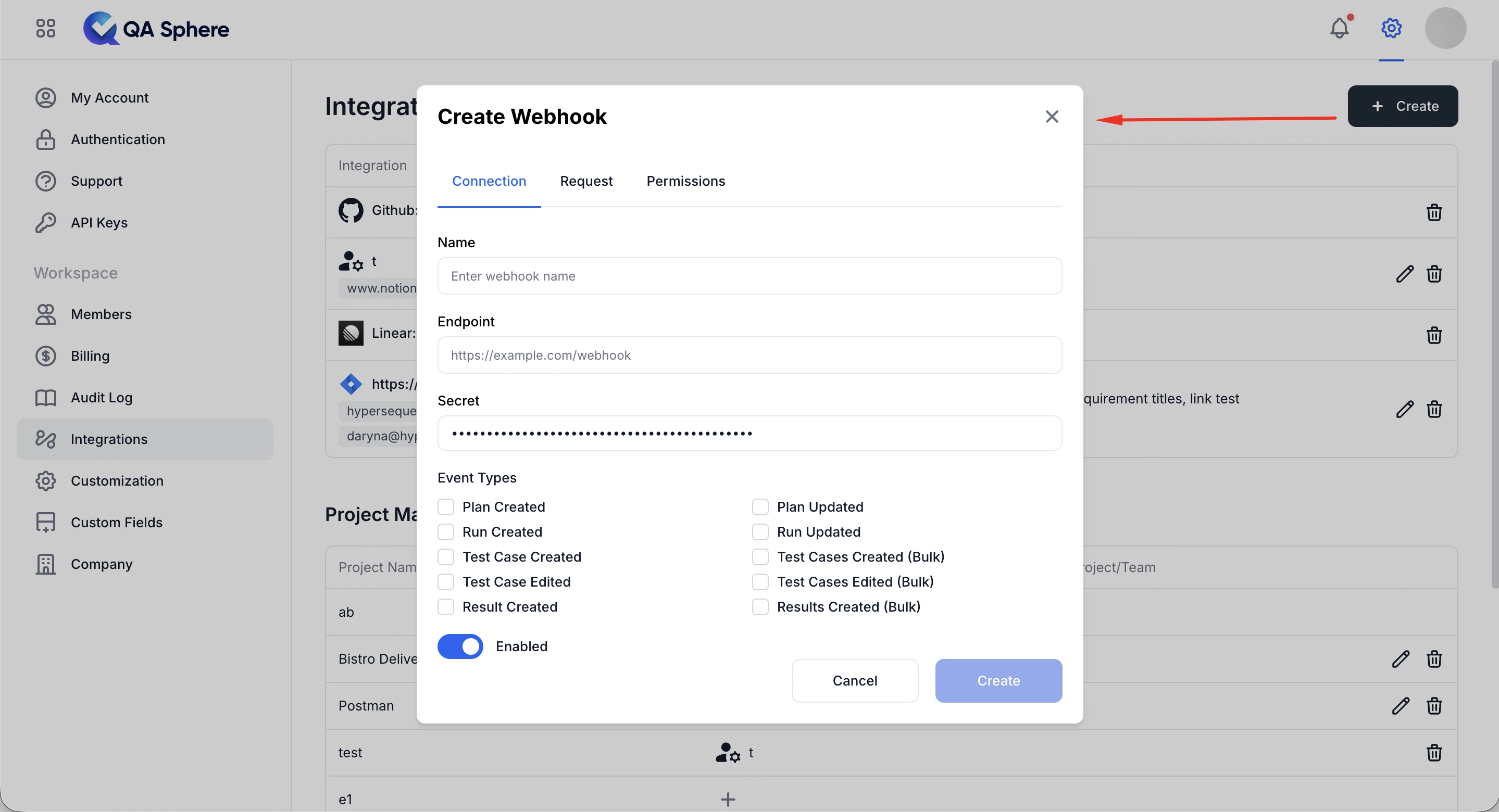QA Sphere custom webhook payload configuration