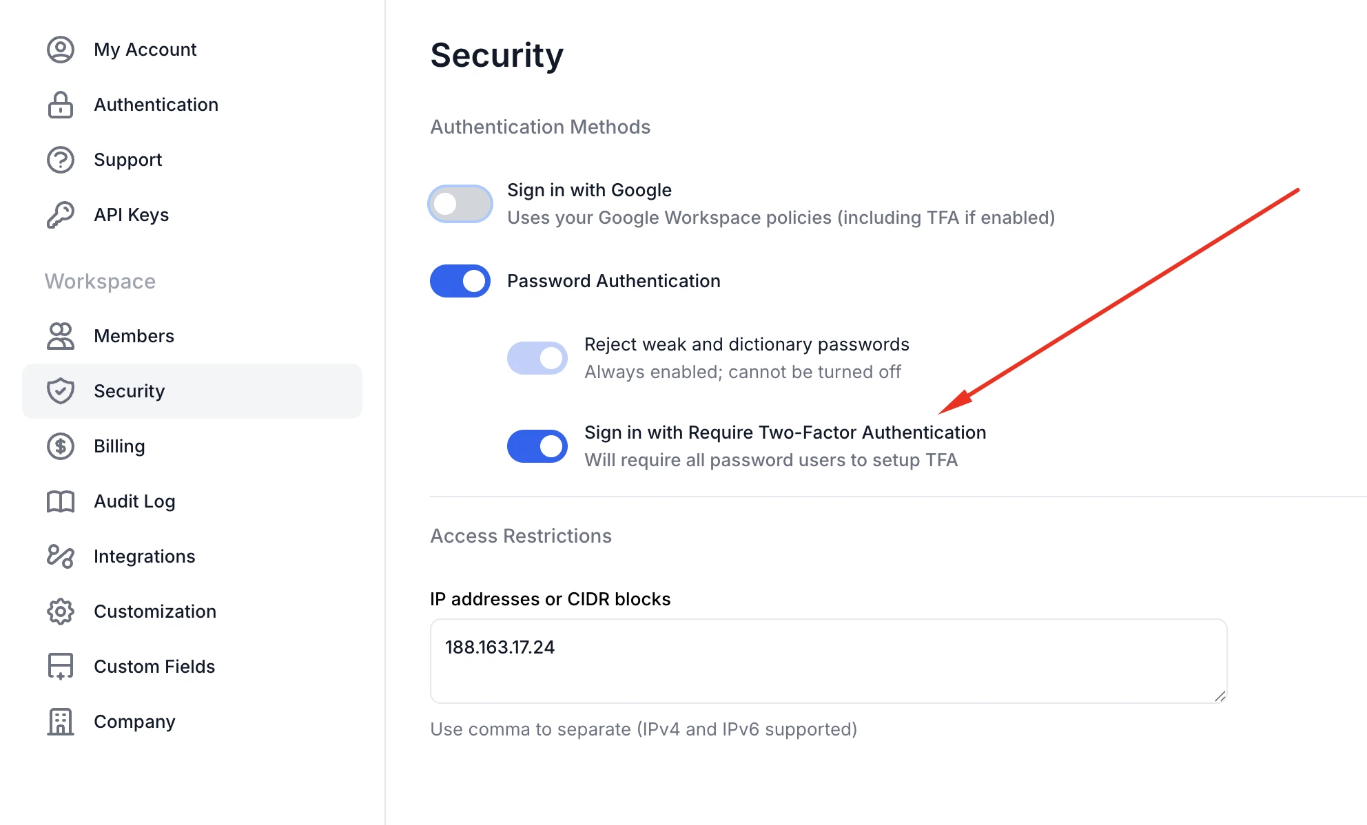 QA Sphere enforce 2FA setting
