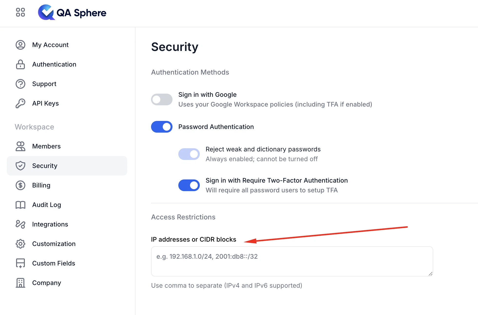 QA Sphere IP allow list configuration