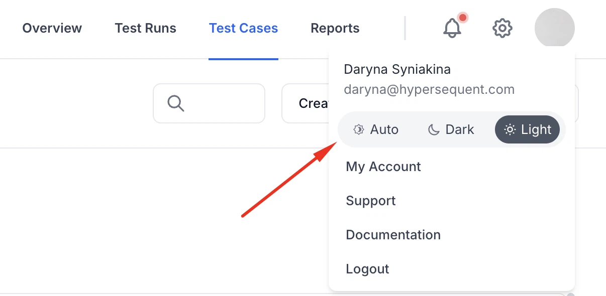 QA Sphere theme mode selector