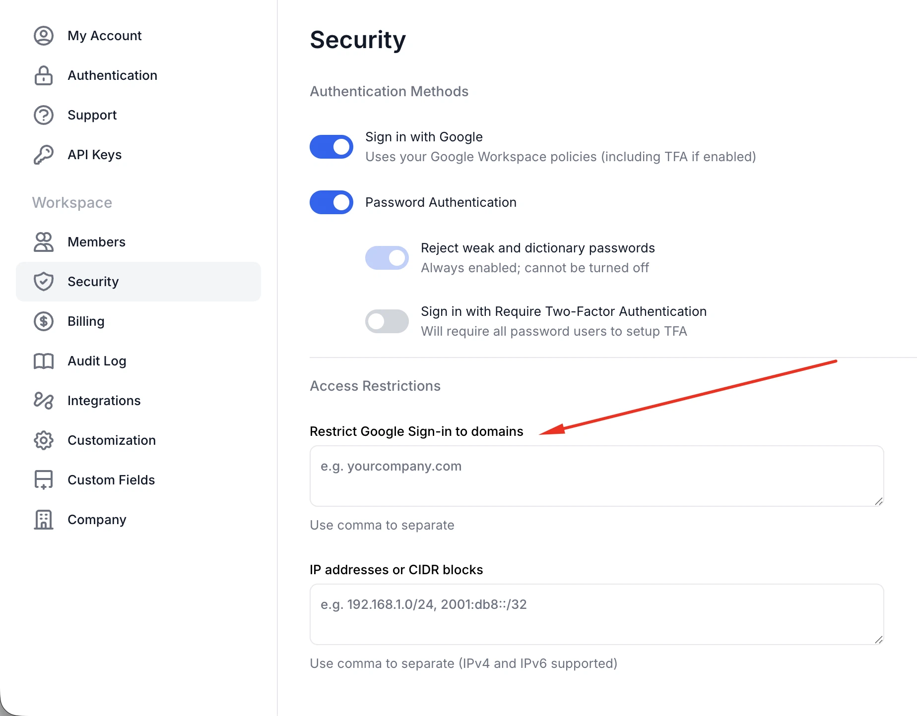 Security settings showing Google Sign-In domain allowlist configuration