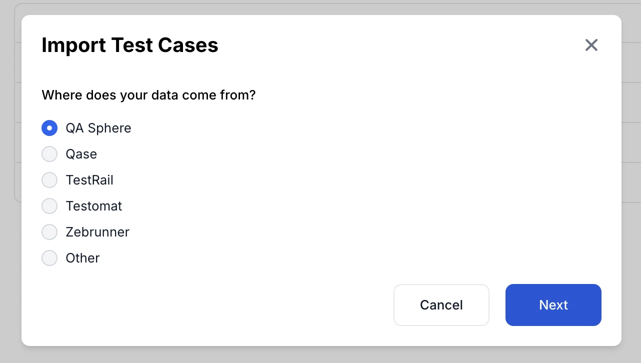 Import dialog showing Qase, Testomat, and Zebrunner as import sources