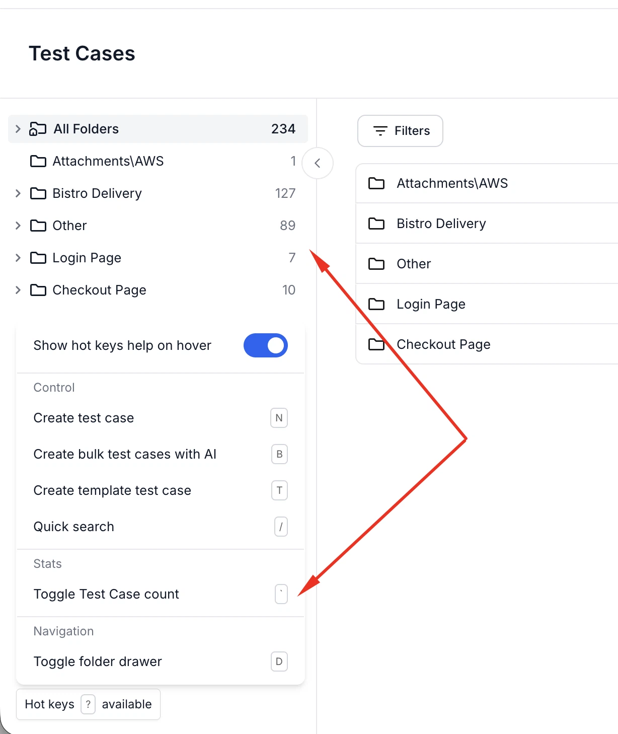 Folder tree showing test case counters for each folder