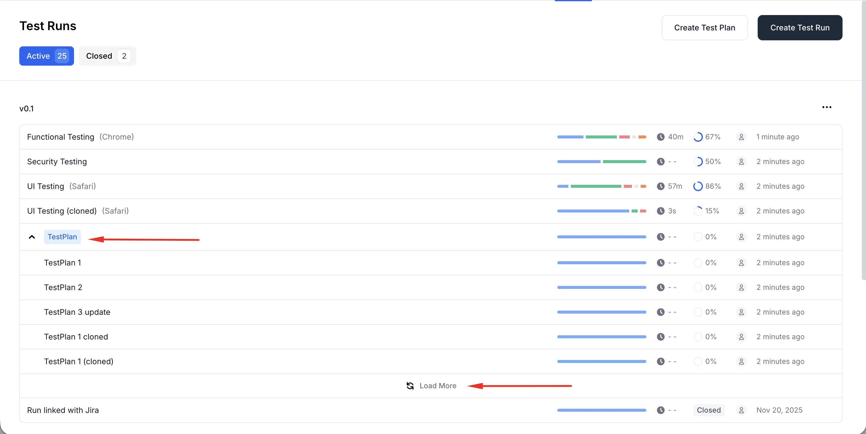 Test Runs list with compact layout, pagination, and highlighted Test Plan names