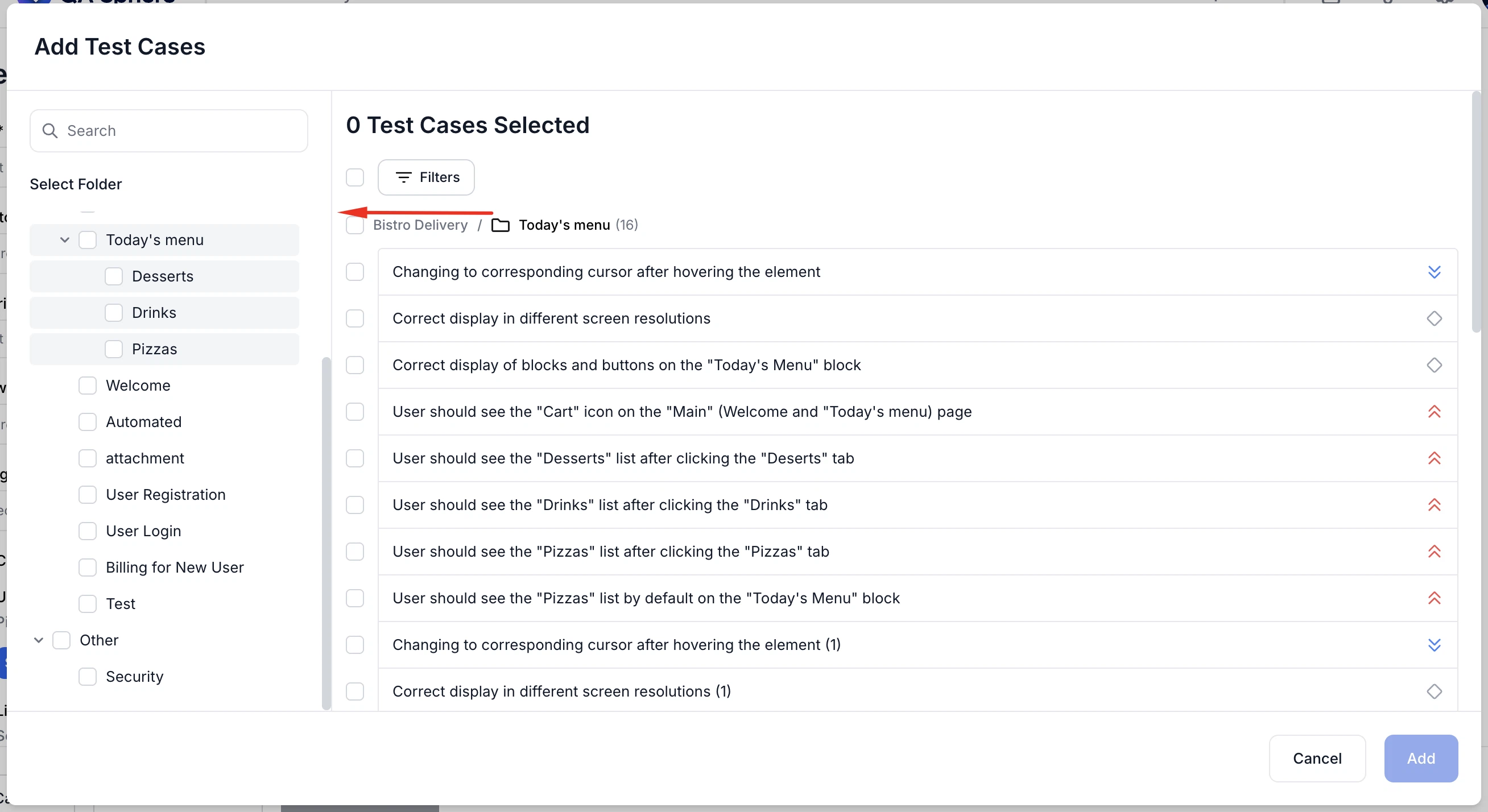 Add test cases to test run dialog with resizable sidebar and search