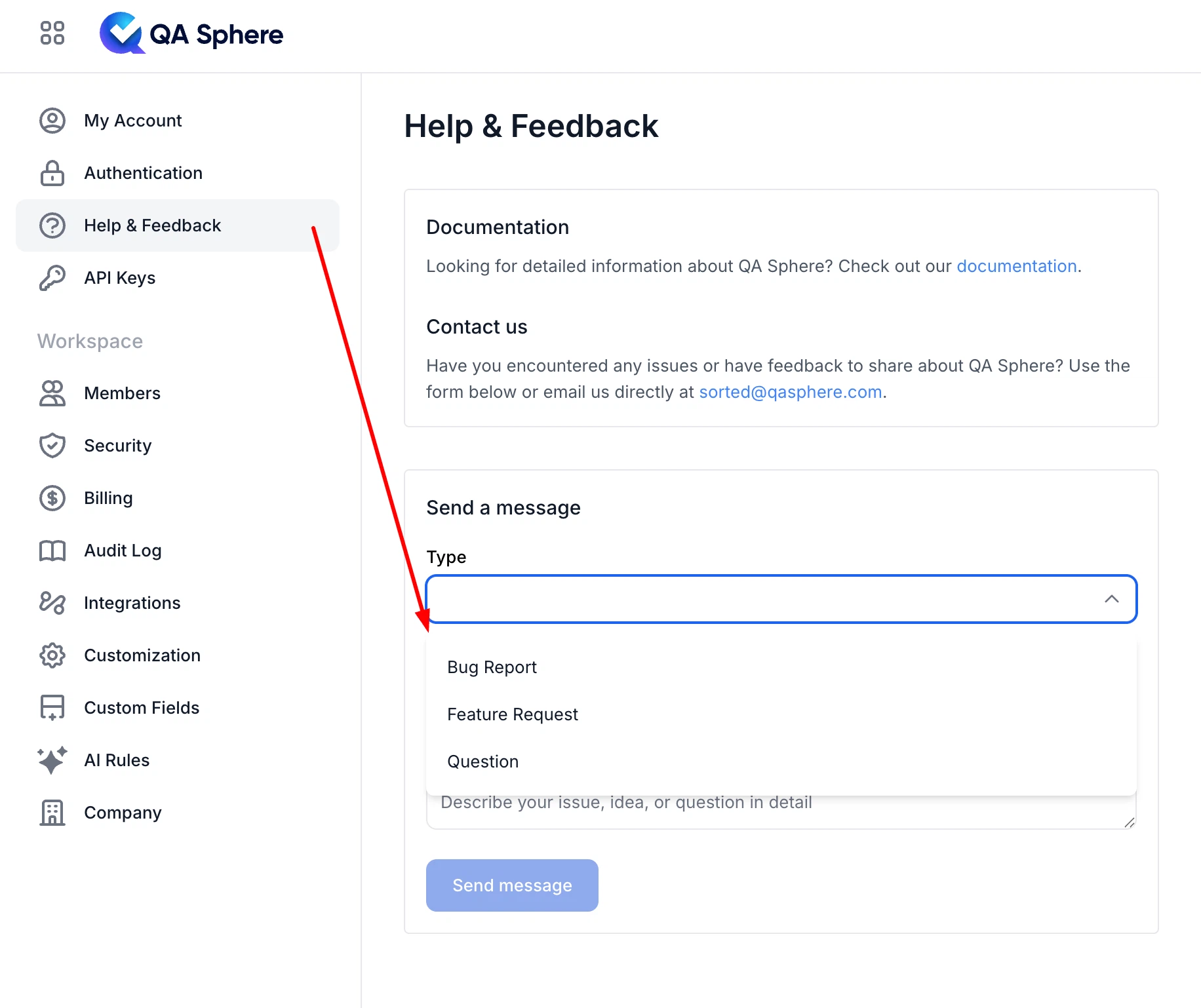 Help and Feedback page with built-in form for bug reports and feature requests