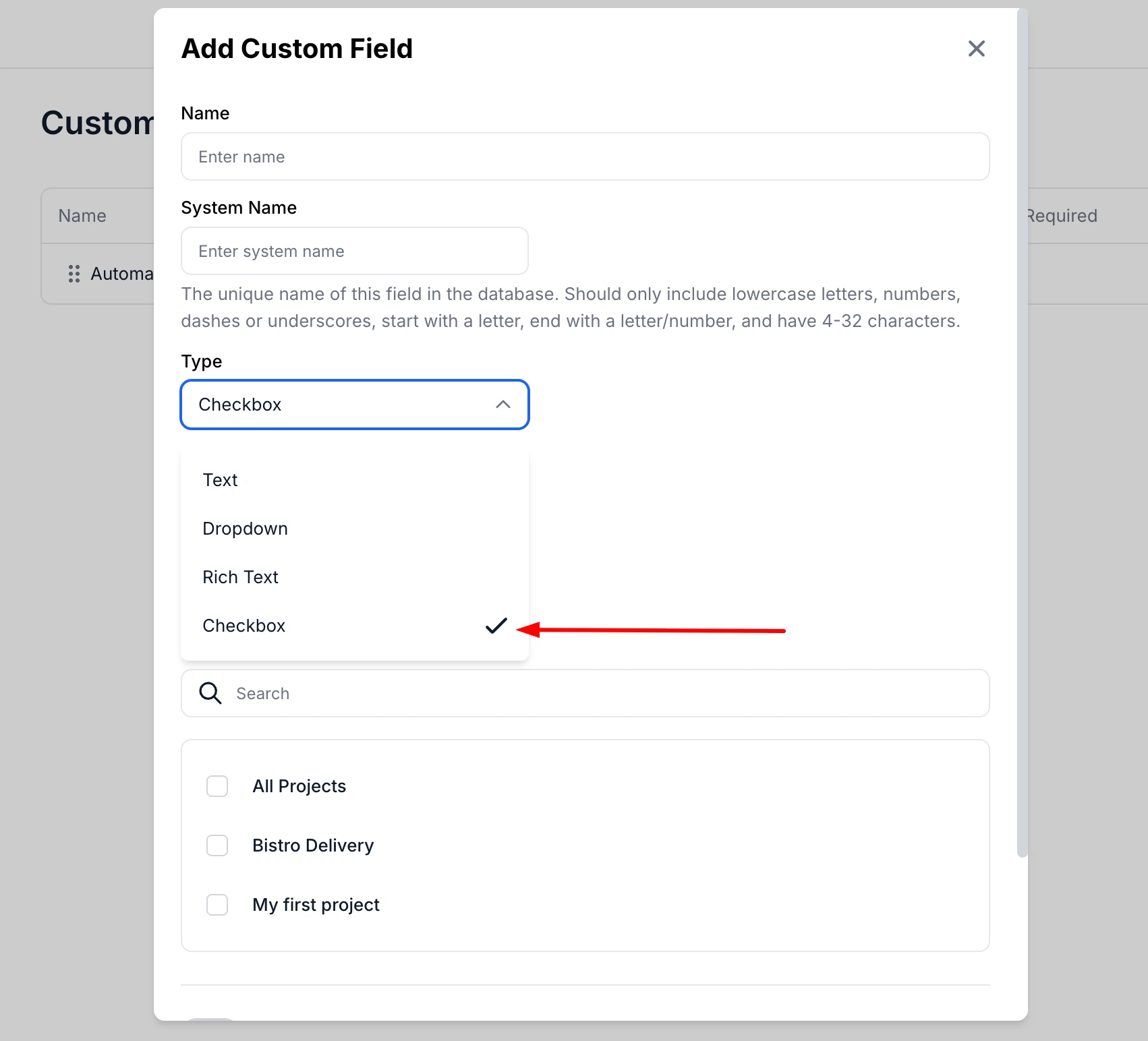 Checkbox custom field configuration for test cases