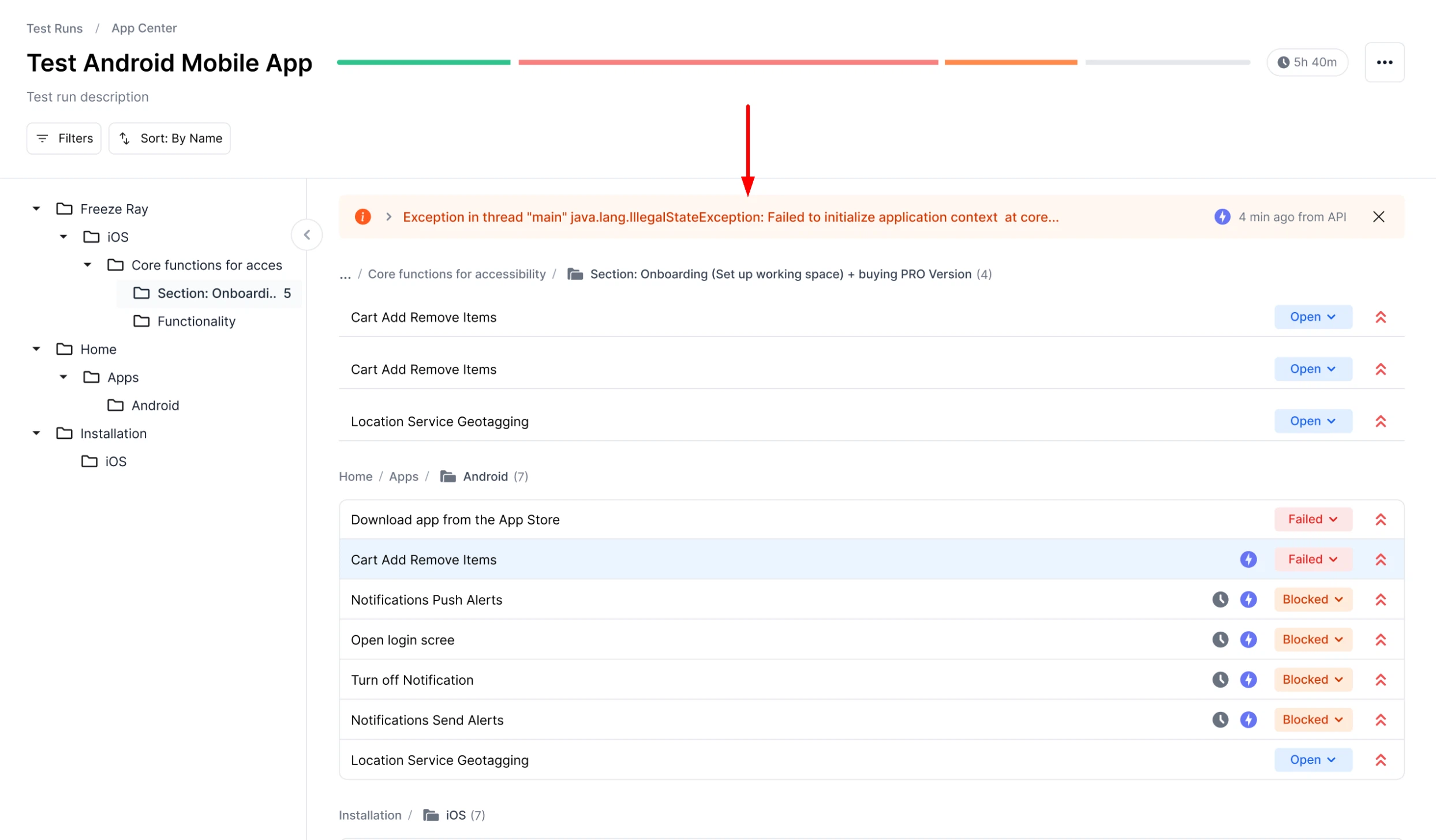 Automation run logs displayed on the Test Run page