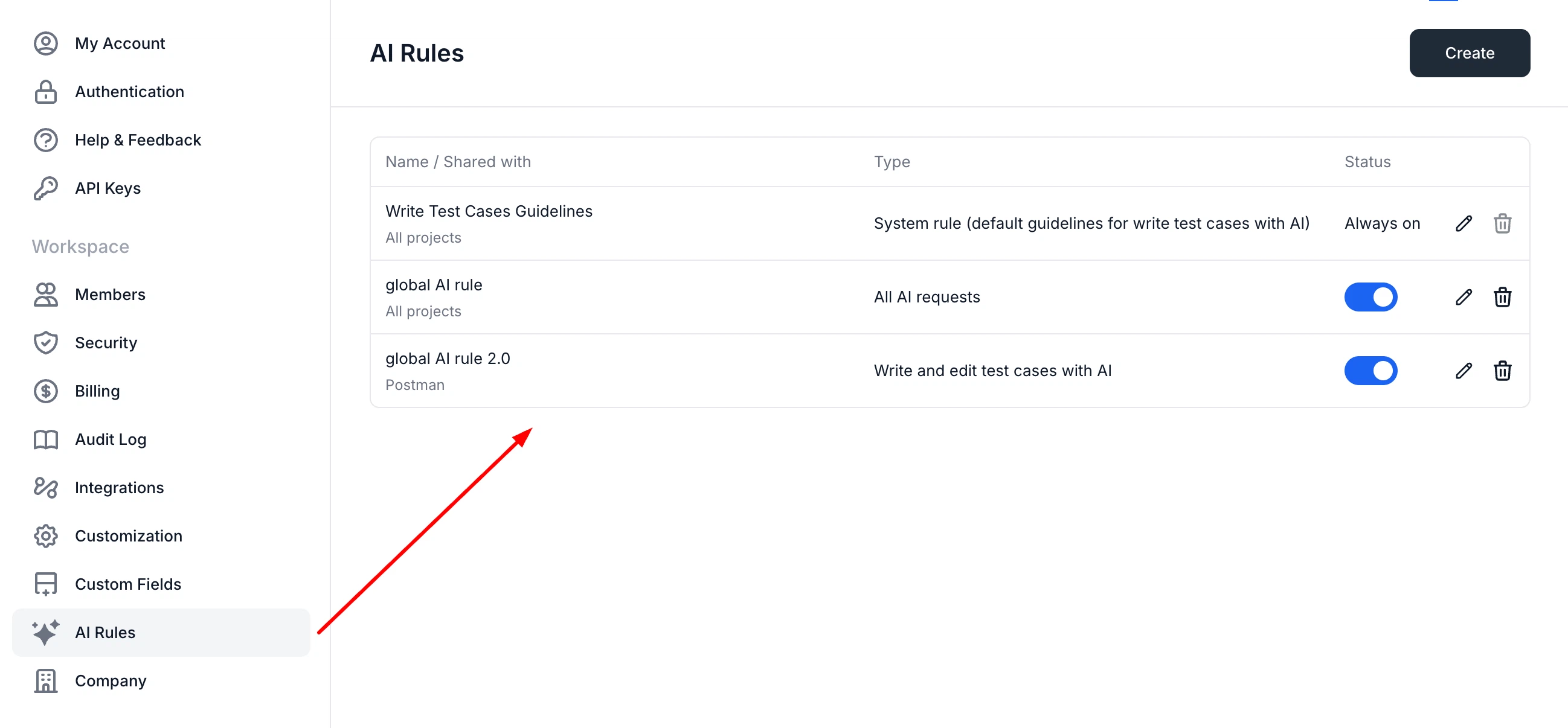 Global AI rules management in Workspace Settings