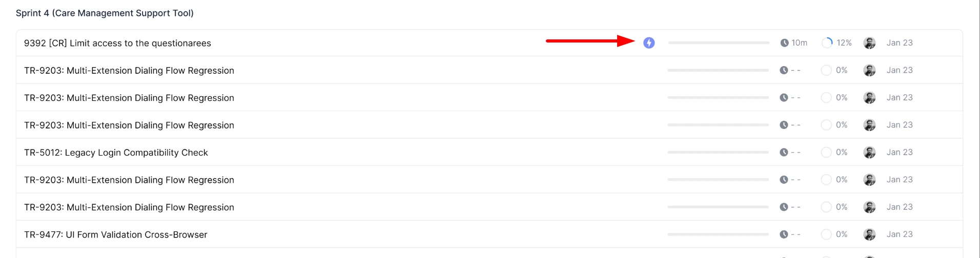 Automation icon marking API-created test runs in the list