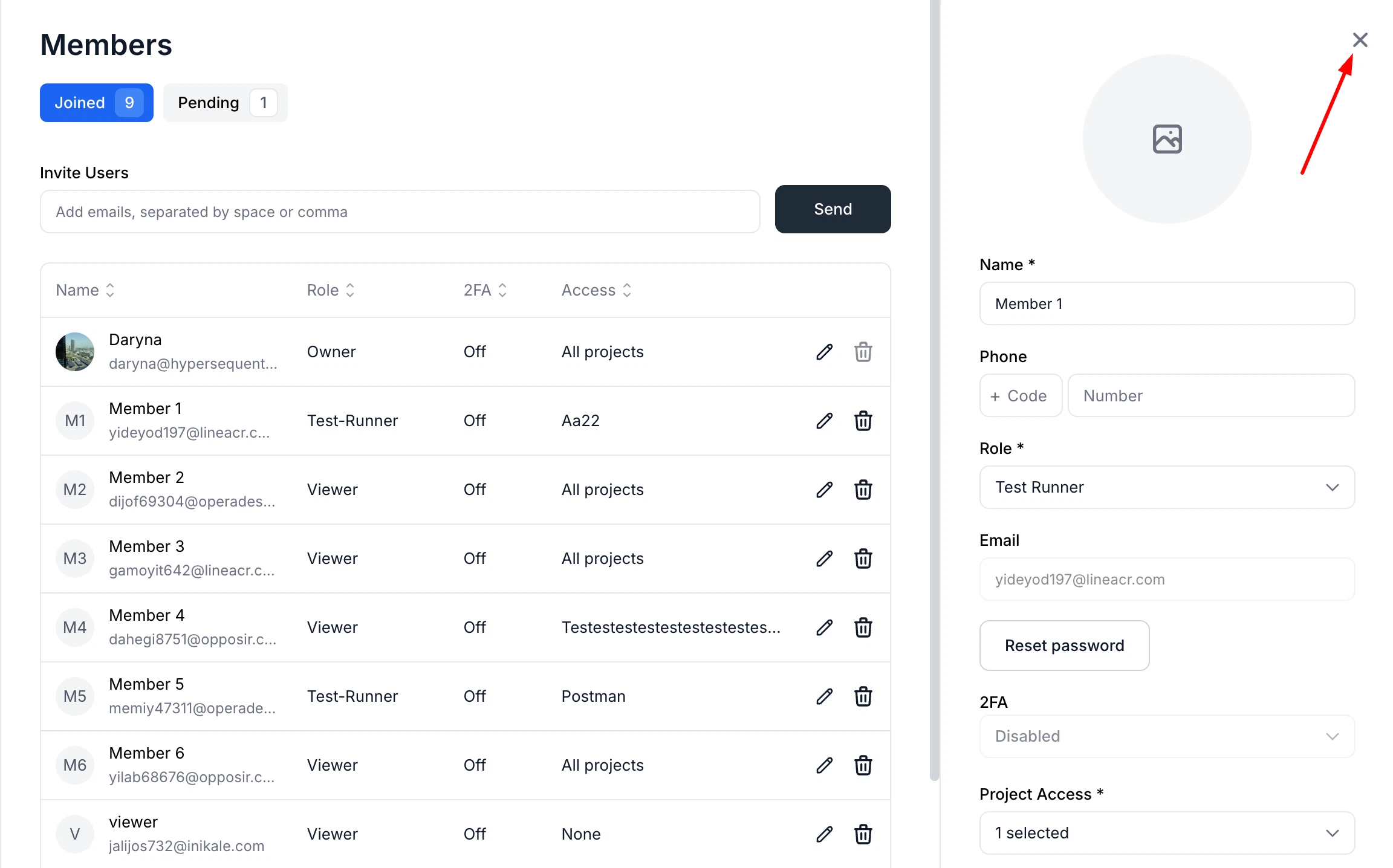 Members edit sidebar with close button
