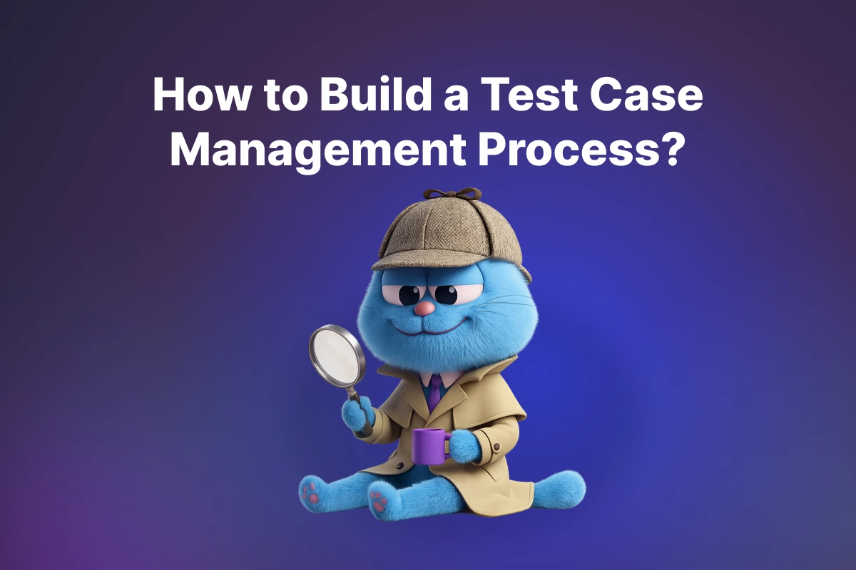 QA Sphere mascot Qato wearing a detective hat and holding a magnifying glass with text How to Build a Test Case Management Process