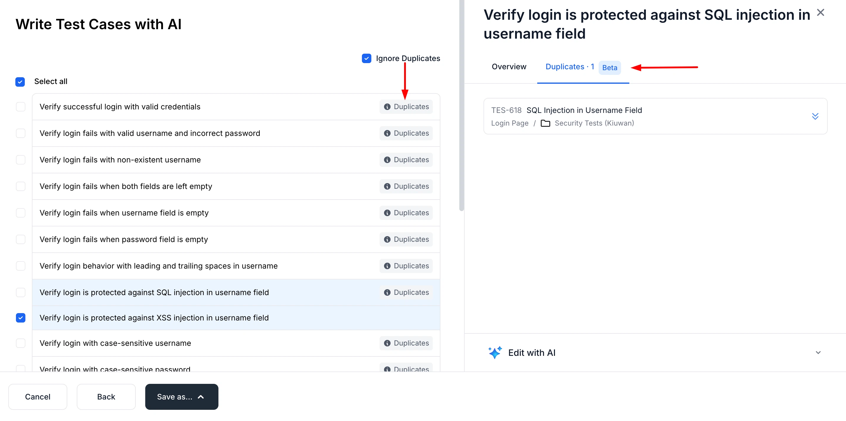 AI duplicate detection highlighting duplicates in bulk test generation