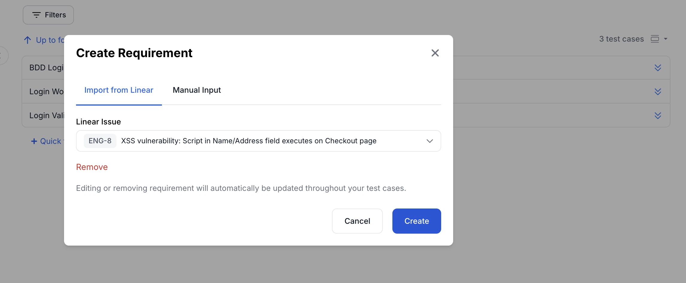 Linear requirements linked to a test case