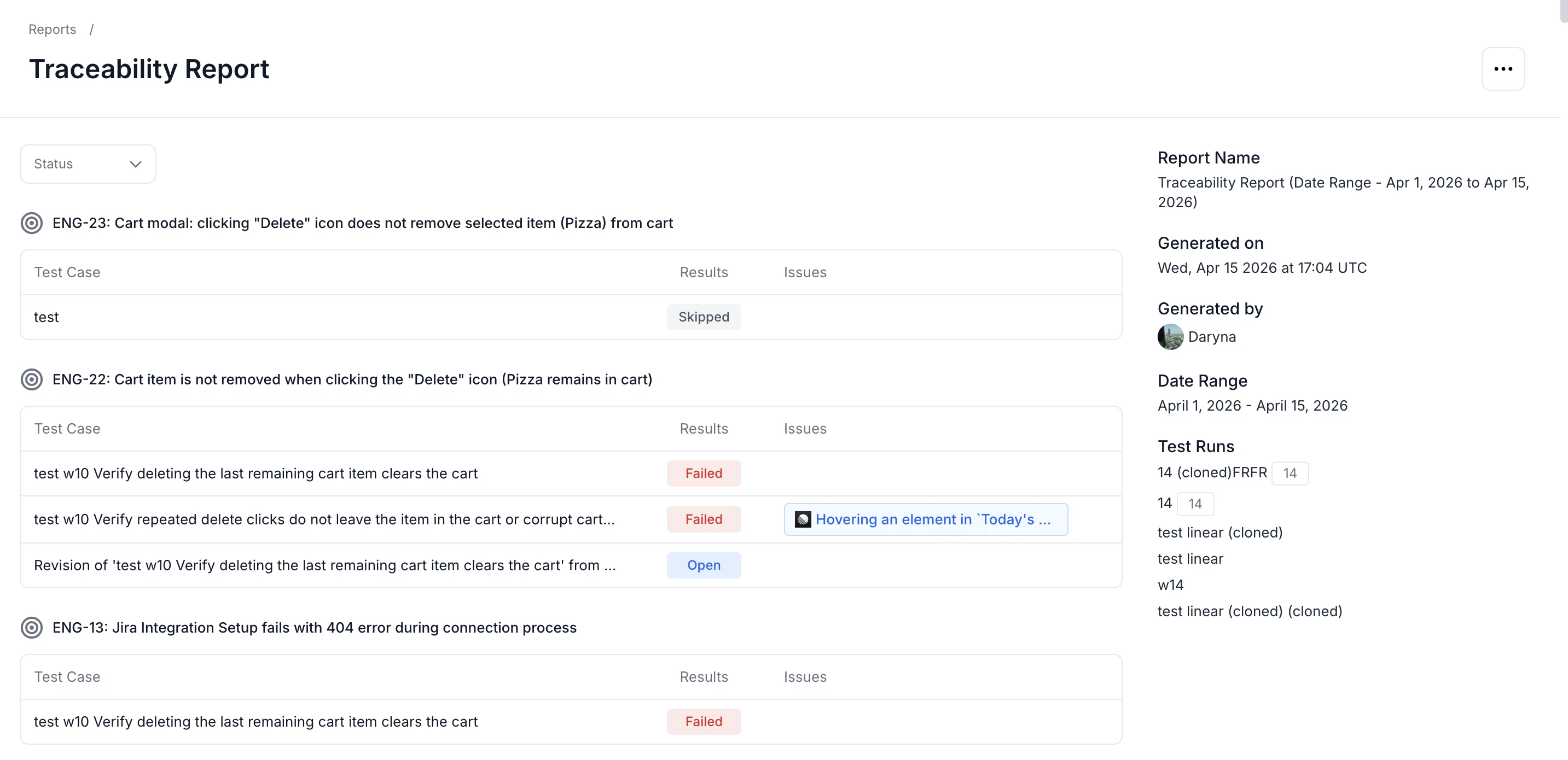Traceability report showing Linear requirements coverage