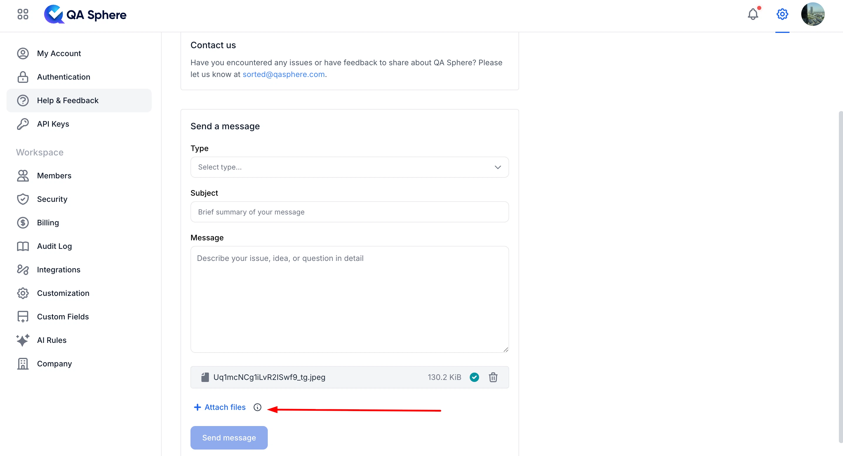 File attachment option in the Help and Feedback form