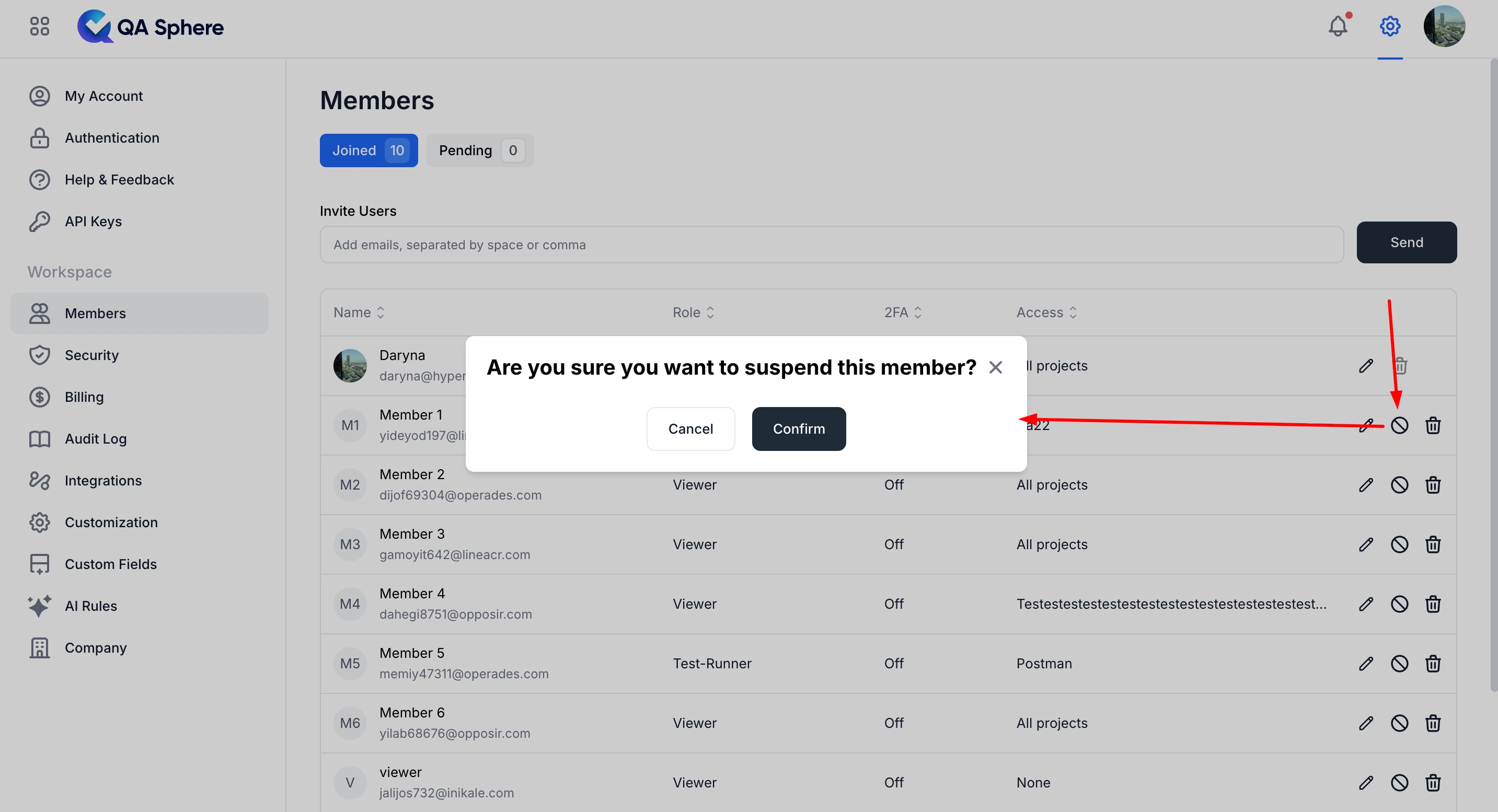 Suspend and unsuspend user controls in member settings