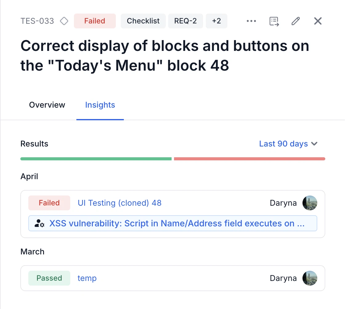 Linked bugs shown in test case insights panel