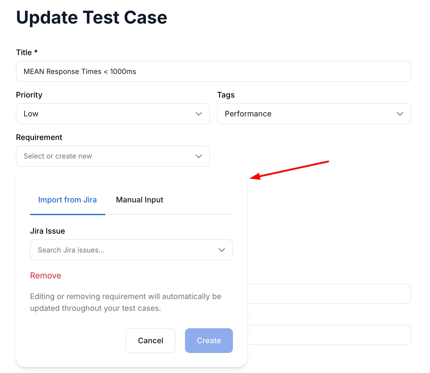 Import from Jira option visible in the Edit Requirements modal