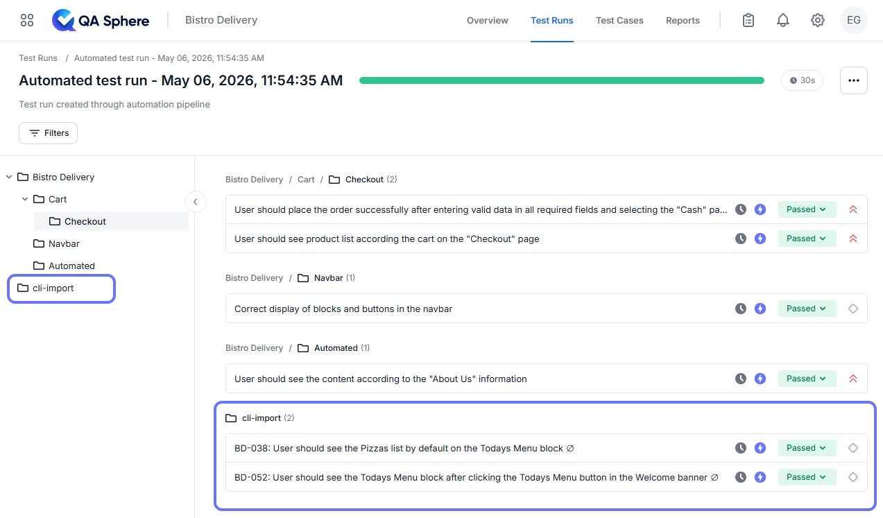Newly created test cases placed in the cli-import folder in QA Sphere
