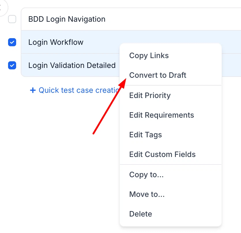 Revert to draft action on a published test case