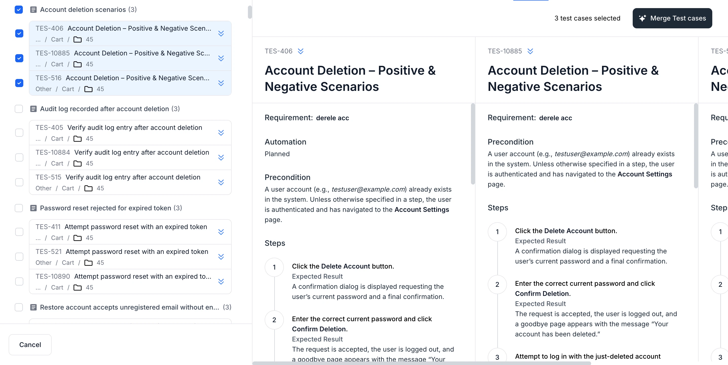 AI duplicate detection identifying similar test cases in a project