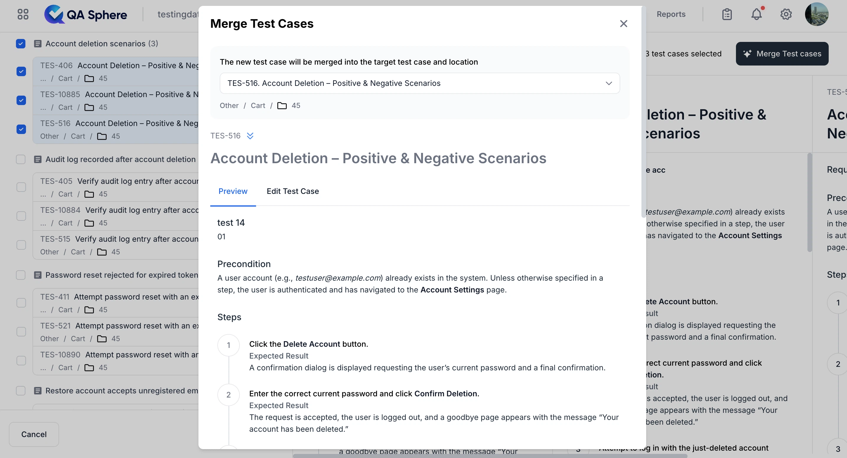 AI duplicate merge interface for consolidating test cases