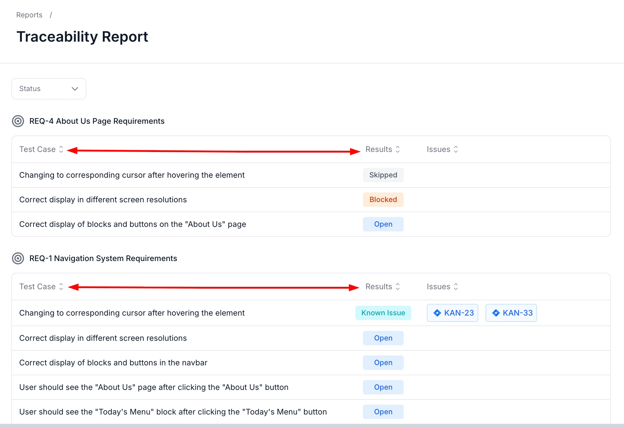 Sortable columns in QA Sphere reports