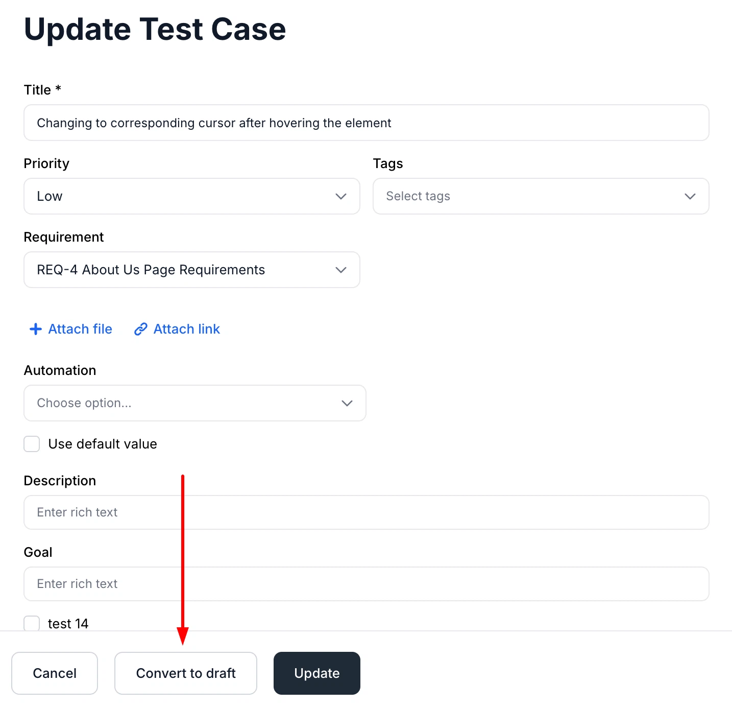 Save as Draft action in the test case editor